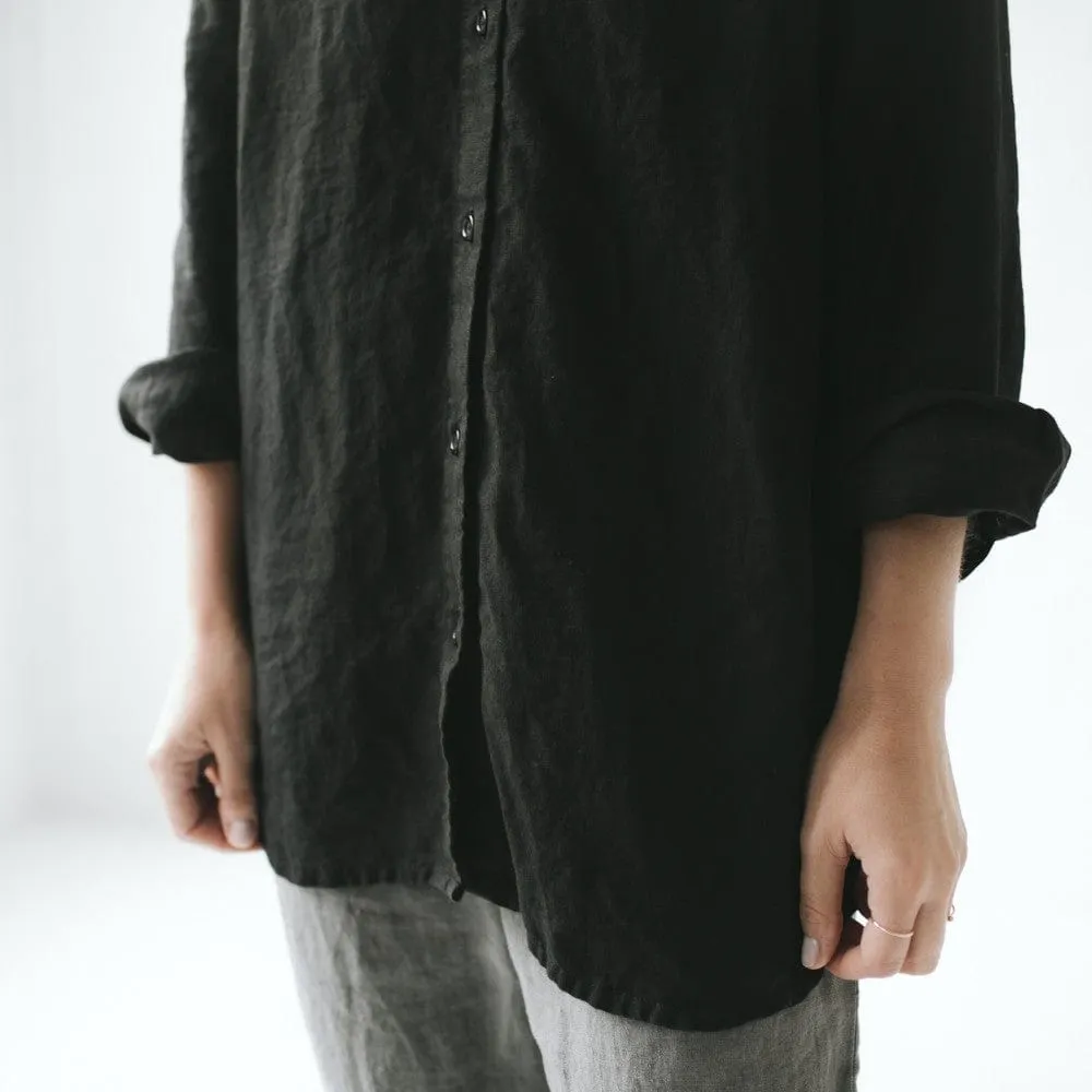 Seaside Tones Linen Long Sleeve Shirt - Black
