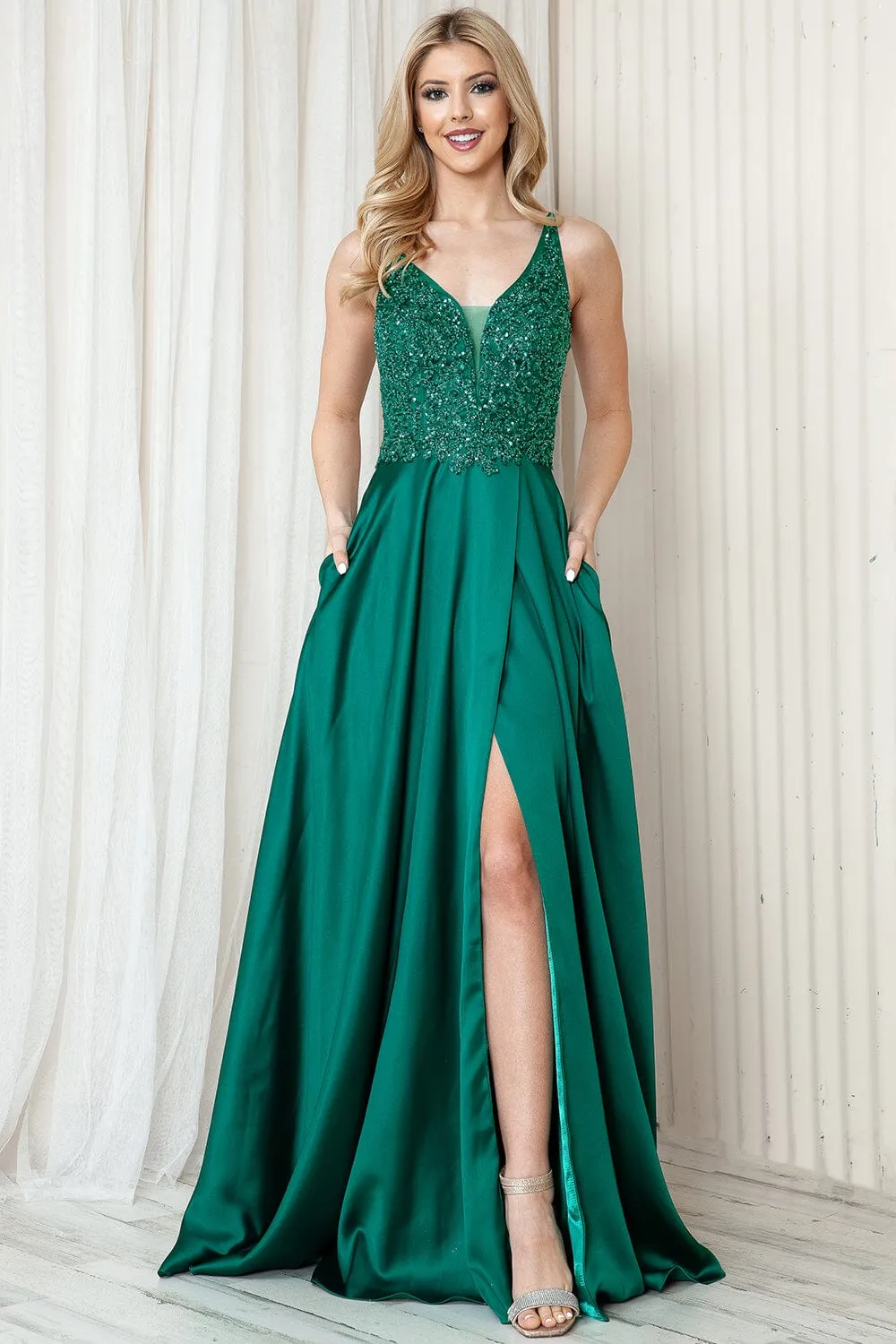 Sequin Applique Satin Slit Gown by Amelia Couture 6120