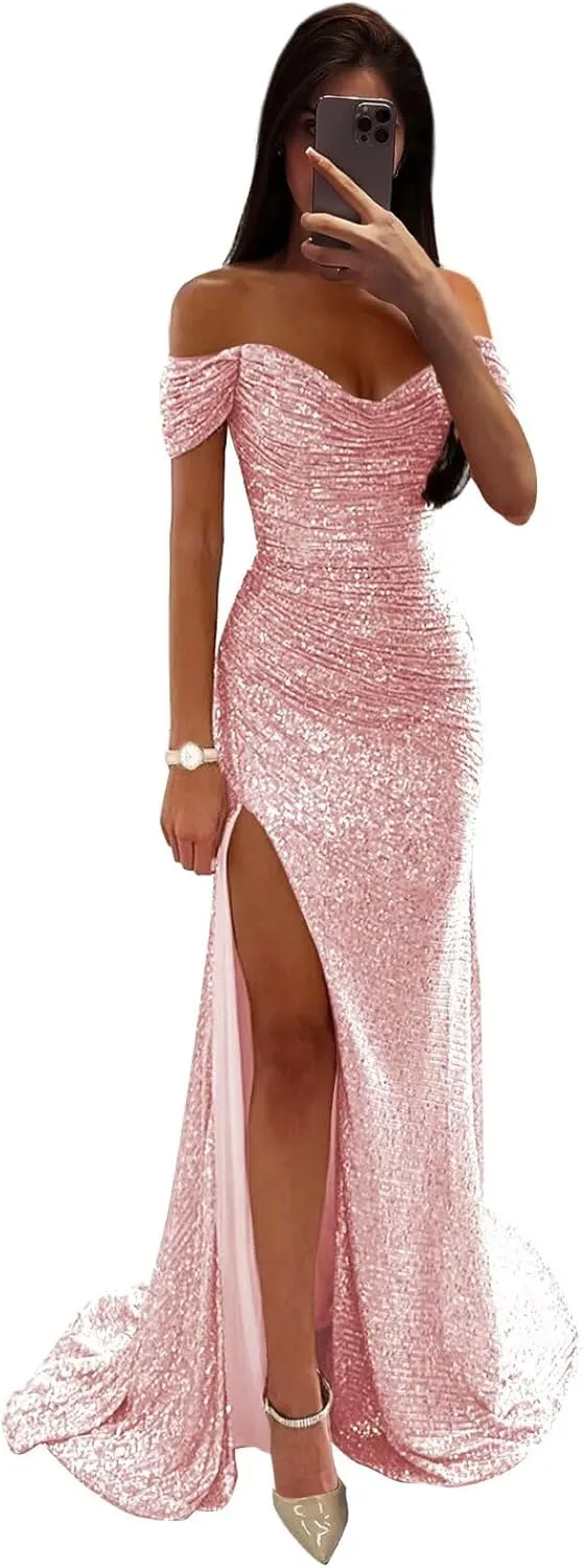 Sequin Prom Dresses for Women Off Shoulder V-Neck Long Ball Gown with Slit Formal Evening Party