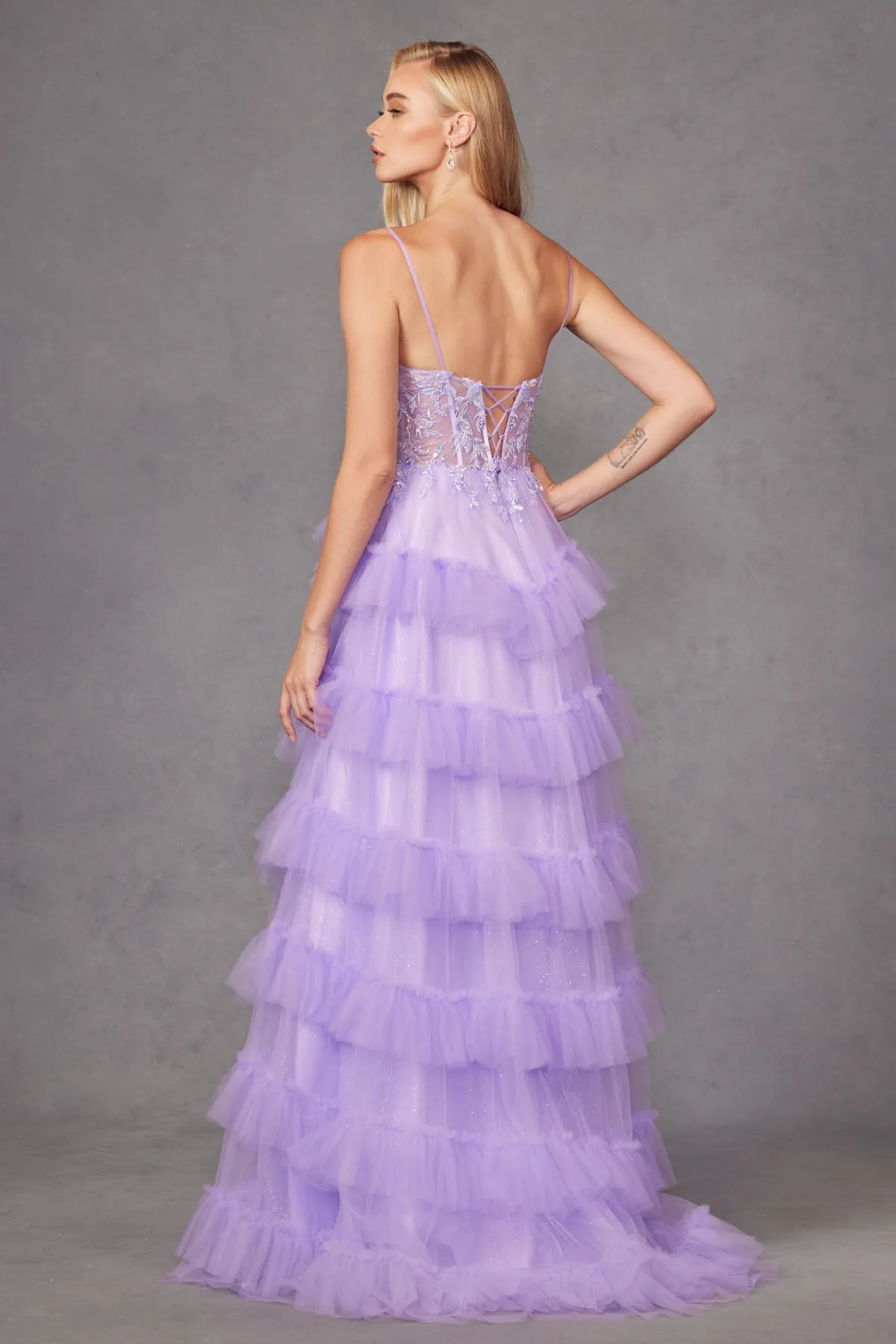 Sleeveless Corset A-line Ruffled Slit Gown by Juliet JT2459A