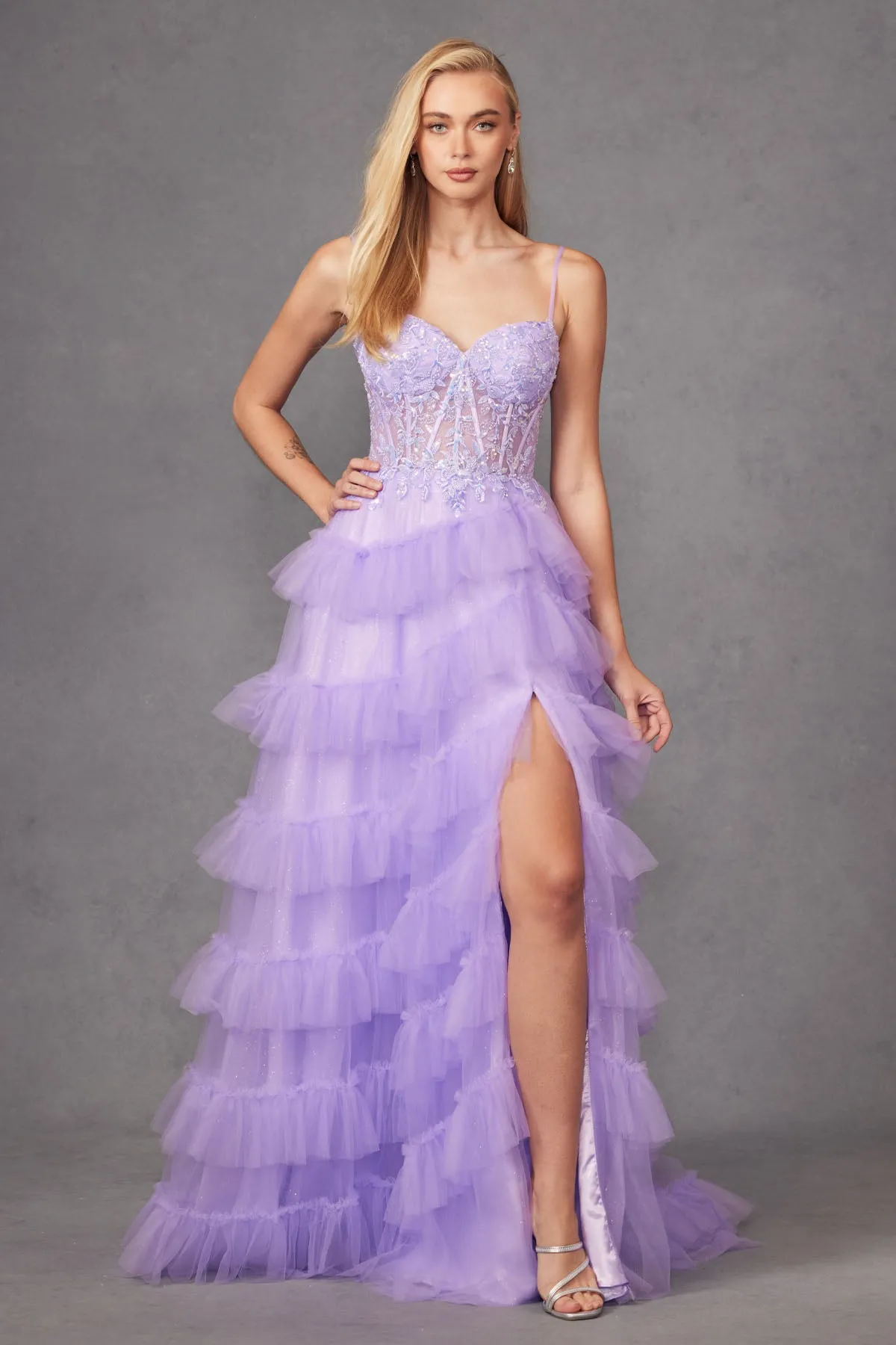 Sleeveless Corset A-line Ruffled Slit Gown by Juliet JT2459A
