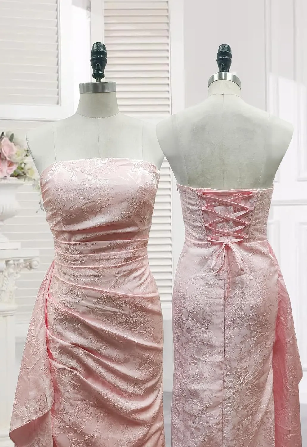 Strapless Satin Jacquard Prom Dresses for Women with Slit Ruffle Pleated Long Mermaid Formal Evening Party Gown 2025