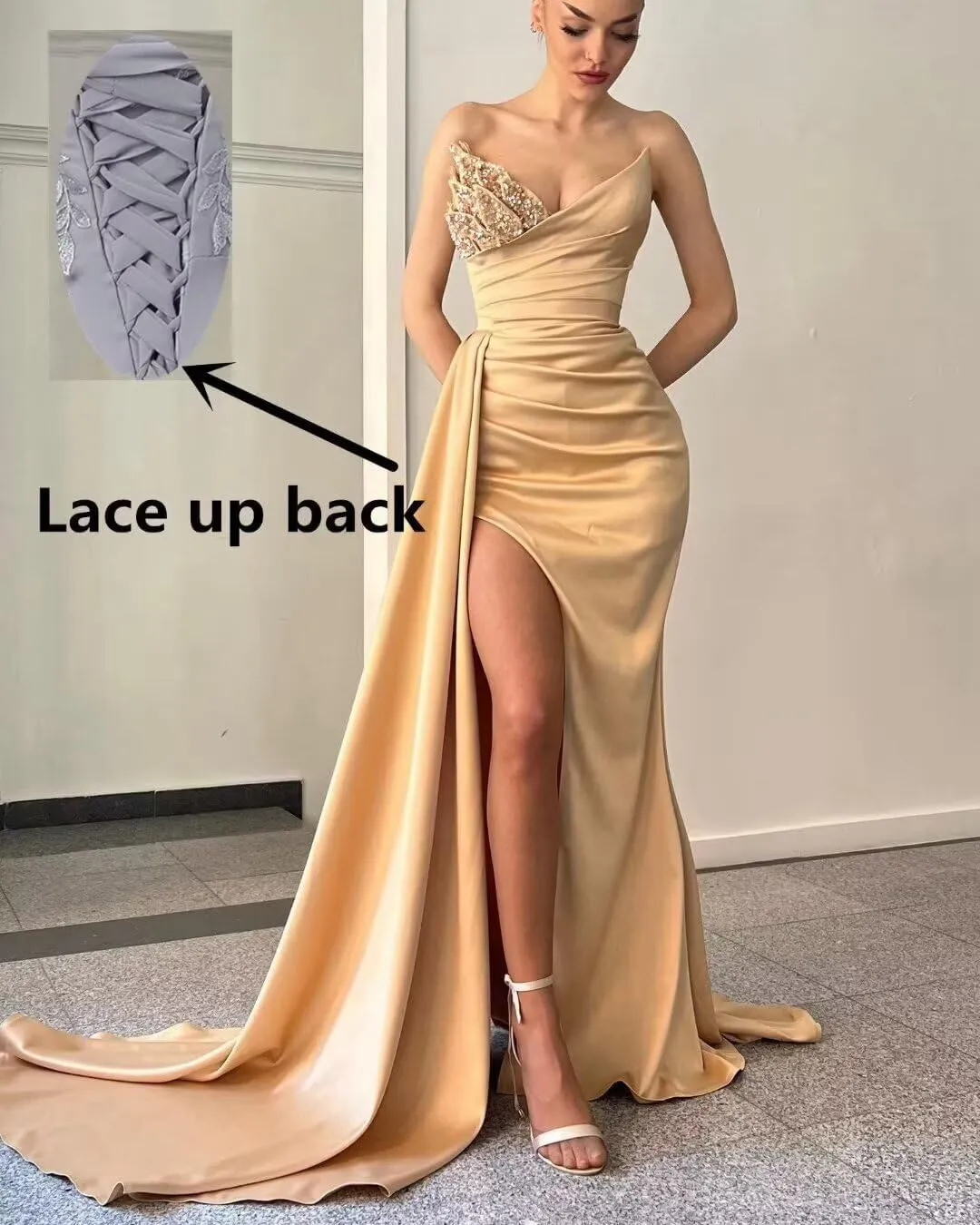 Strapless Satin Prom Dresses for Women 2025 Mermaid Bridesmaid Dresses Sequin Beaded Evening Gowns with Slit