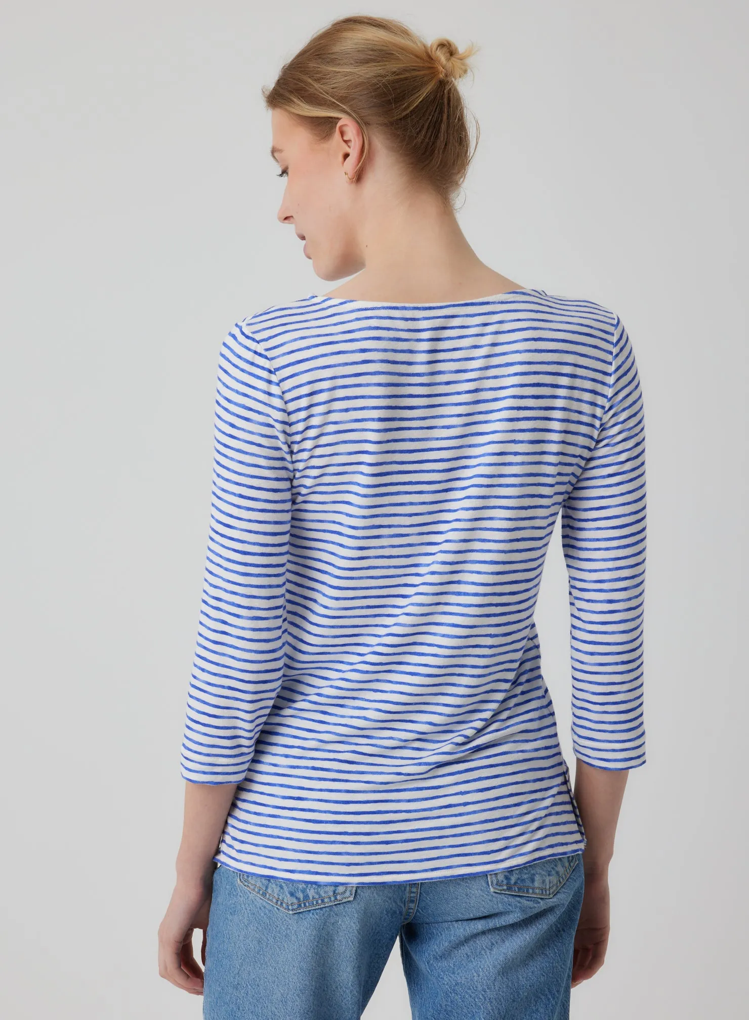 Stretch Linen Striped 3/4 Sleeve Boatneck in Klein