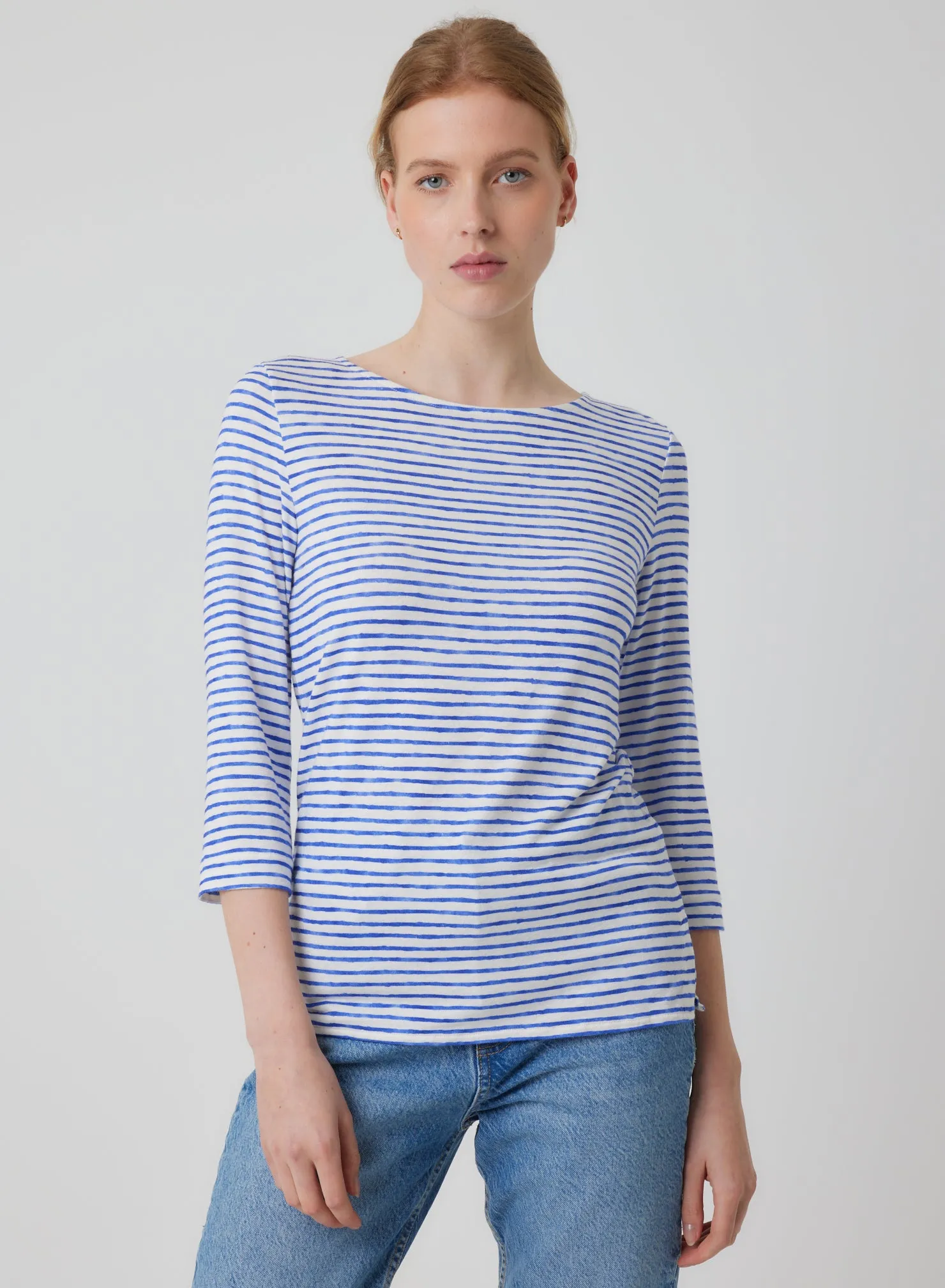 Stretch Linen Striped 3/4 Sleeve Boatneck in Klein