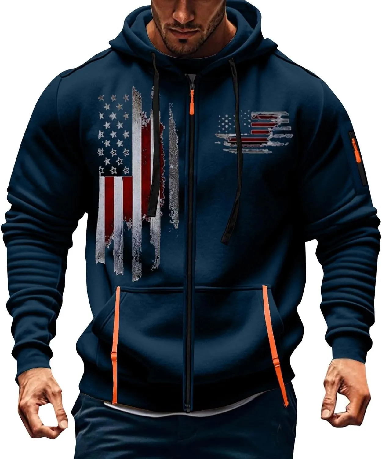 Tactical Zip up Hoodies for Men American Flag Graphic Hoodie Vintage Shirt with Pockets Military Workout Sweatshirt