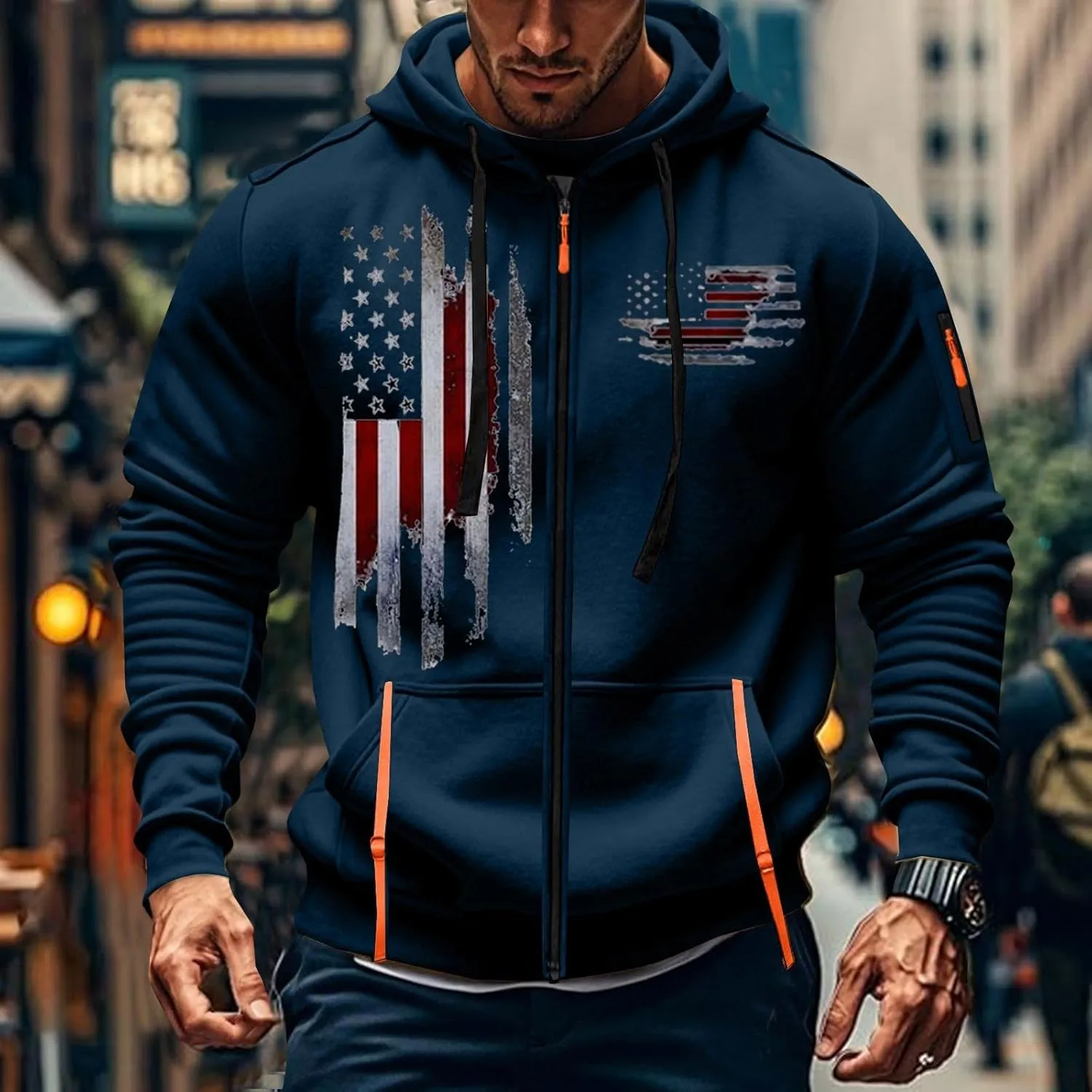Tactical Zip up Hoodies for Men American Flag Graphic Hoodie Vintage Shirt with Pockets Military Workout Sweatshirt