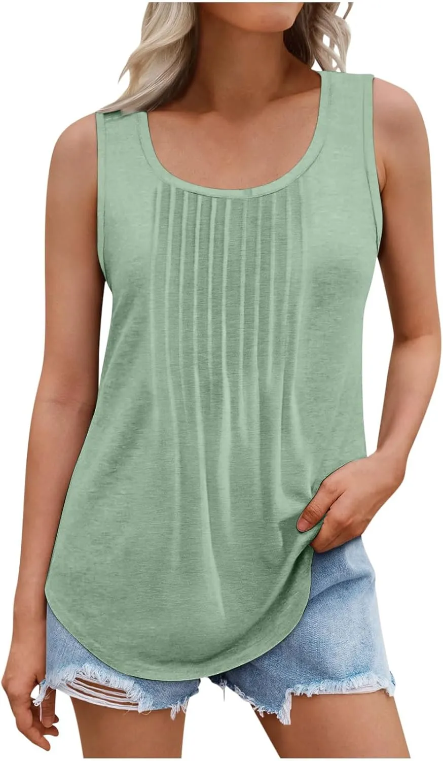 Tank Tops for Women 2025 Plus Size Summer Tops Trendy Sleeveless Scoop Neck Pleated Casual Loose Fit T Shirts