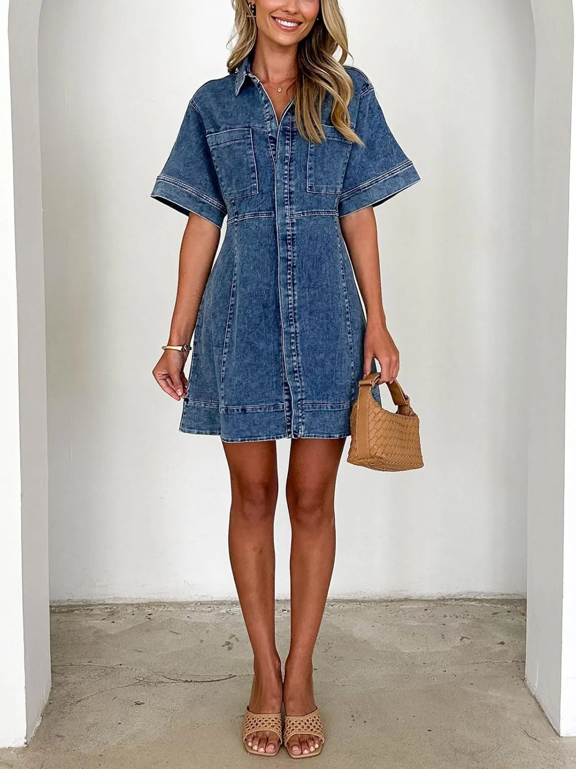 utcoco Womens Vintage Distressed Jean Dress Casual Lapel Short Sleeve Button Down Shirt Denim Mini Dress