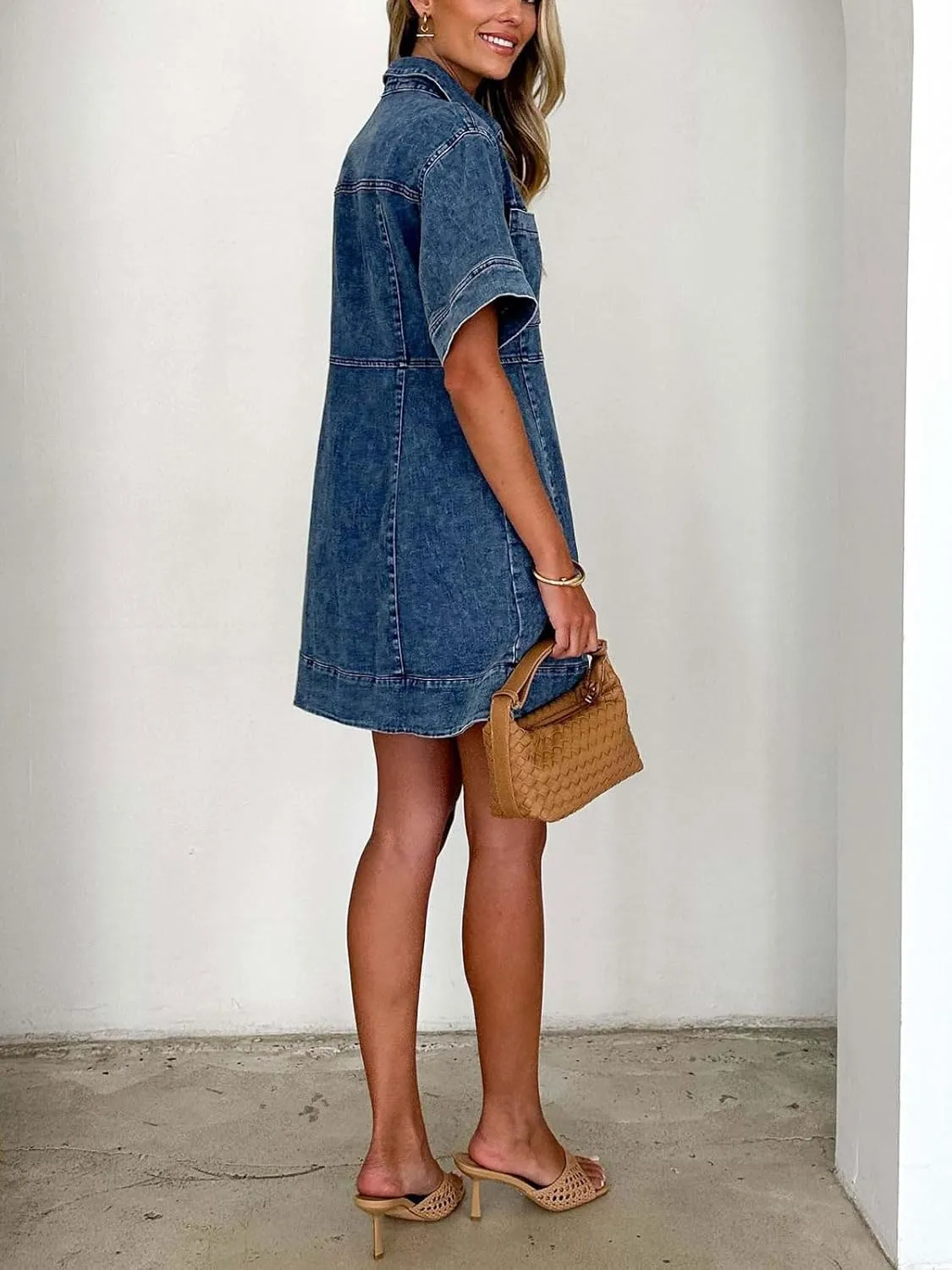 utcoco Womens Vintage Distressed Jean Dress Casual Lapel Short Sleeve Button Down Shirt Denim Mini Dress