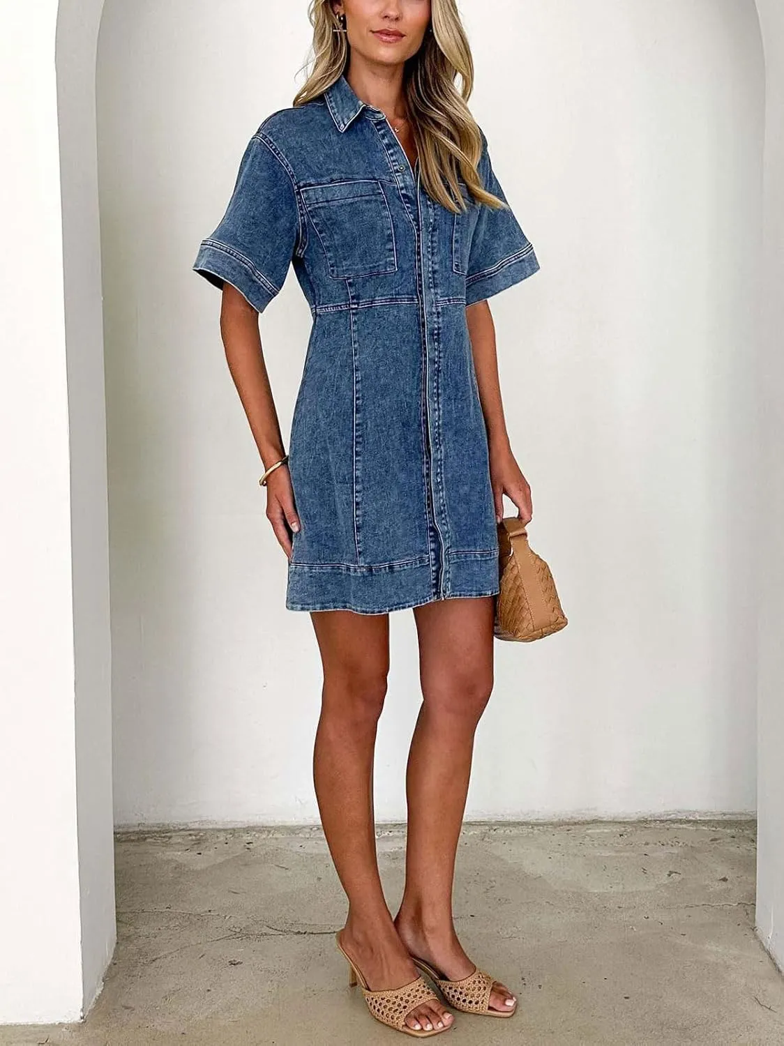 utcoco Womens Vintage Distressed Jean Dress Casual Lapel Short Sleeve Button Down Shirt Denim Mini Dress