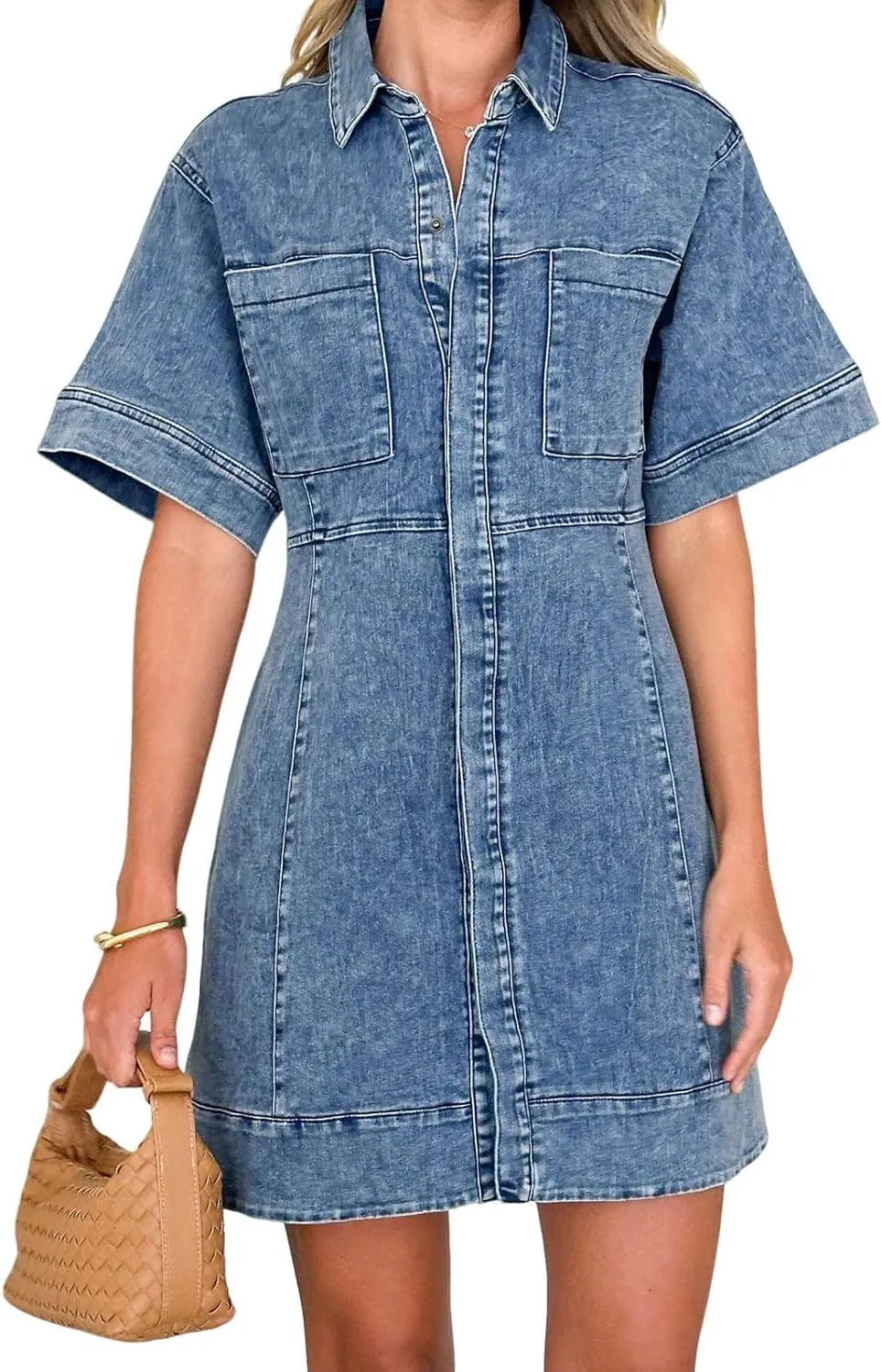 utcoco Womens Vintage Distressed Jean Dress Casual Lapel Short Sleeve Button Down Shirt Denim Mini Dress
