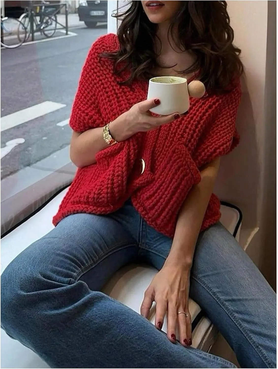 Verdusa Women's Plus Size V Neck Button Down Tops Loose Cable Knit Cropped Sweater Vest with Double Pocket