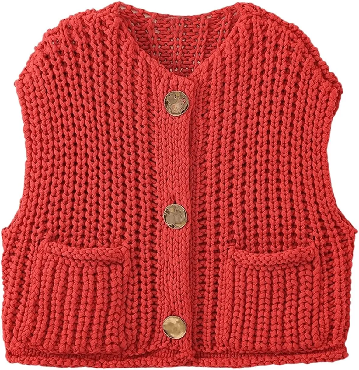 Verdusa Women's Plus Size V Neck Button Down Tops Loose Cable Knit Cropped Sweater Vest with Double Pocket