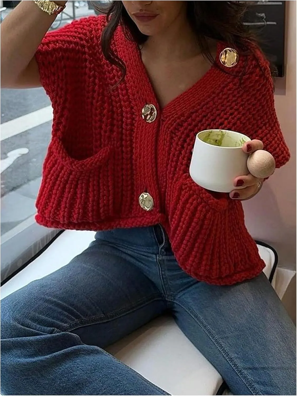 Verdusa Women's Plus Size V Neck Button Down Tops Loose Cable Knit Cropped Sweater Vest with Double Pocket