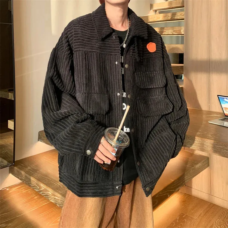 WIAOFELLAS  -  Spring Autumn Mens Fashion Stand Collar Corduroy Jacket Male Streetwear Casual Loose Coats Men Solid Color Overcoats P582