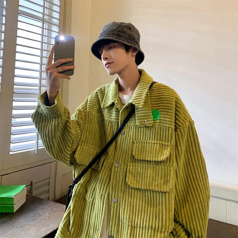 WIAOFELLAS  -  Spring Autumn Mens Fashion Stand Collar Corduroy Jacket Male Streetwear Casual Loose Coats Men Solid Color Overcoats P582