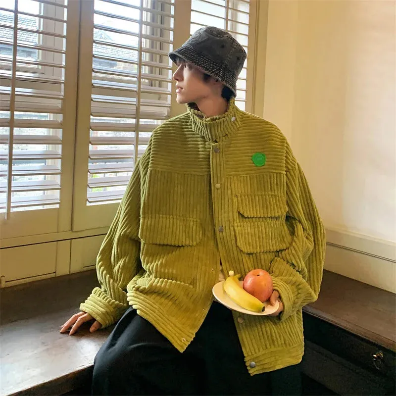 WIAOFELLAS  -  Spring Autumn Mens Fashion Stand Collar Corduroy Jacket Male Streetwear Casual Loose Coats Men Solid Color Overcoats P582