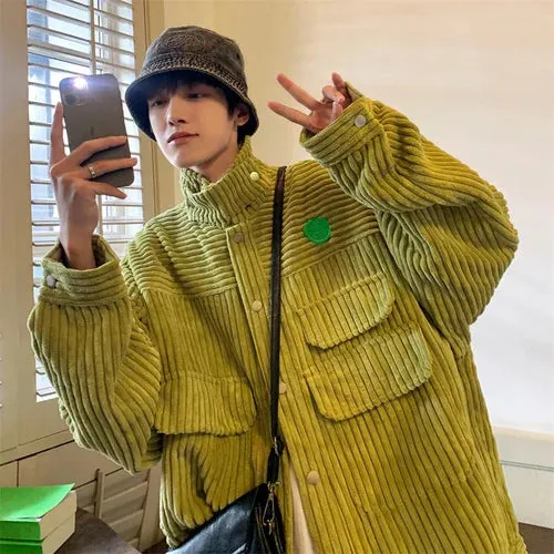 WIAOFELLAS  -  Spring Autumn Mens Fashion Stand Collar Corduroy Jacket Male Streetwear Casual Loose Coats Men Solid Color Overcoats P582