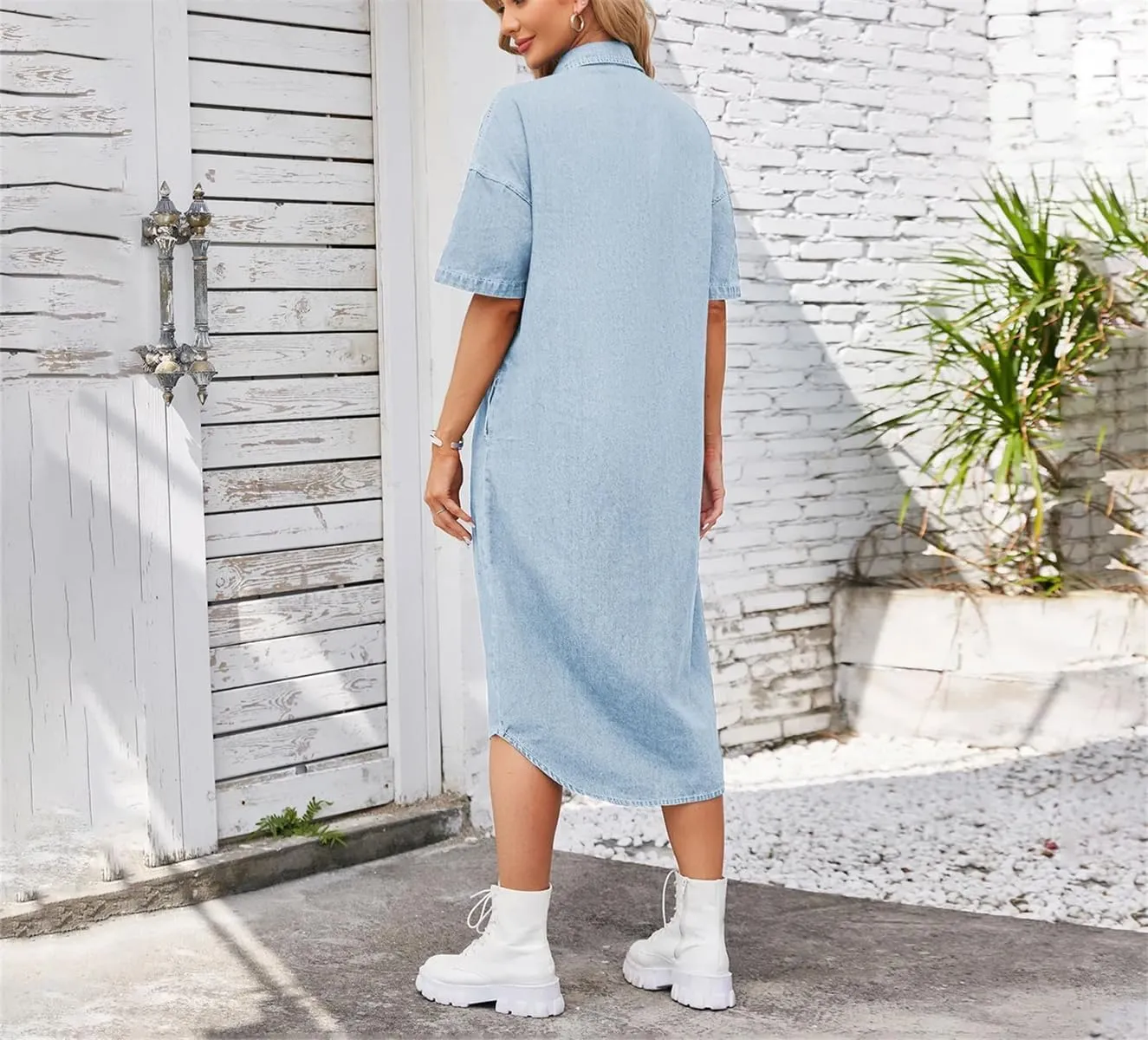 Women Fashion Single Breasted Belt Denim Dress Vintage Turn Down Collar Washed Loose Denim Shirt Dresses