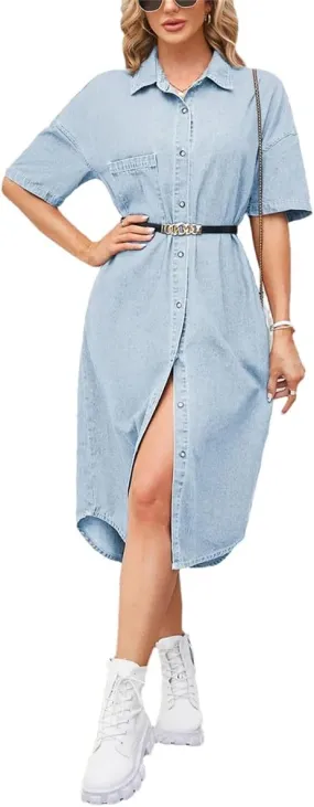 Women Fashion Single Breasted Belt Denim Dress Vintage Turn Down Collar Washed Loose Denim Shirt Dresses