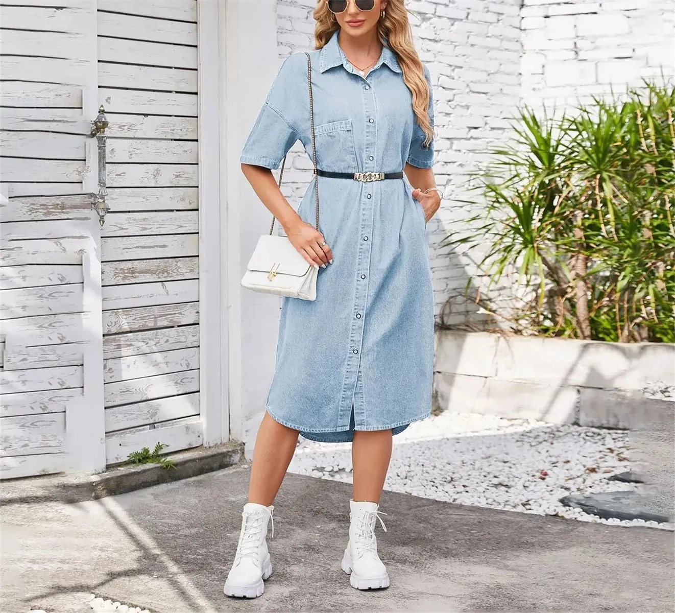 Women Fashion Single Breasted Belt Denim Dress Vintage Turn Down Collar Washed Loose Denim Shirt Dresses