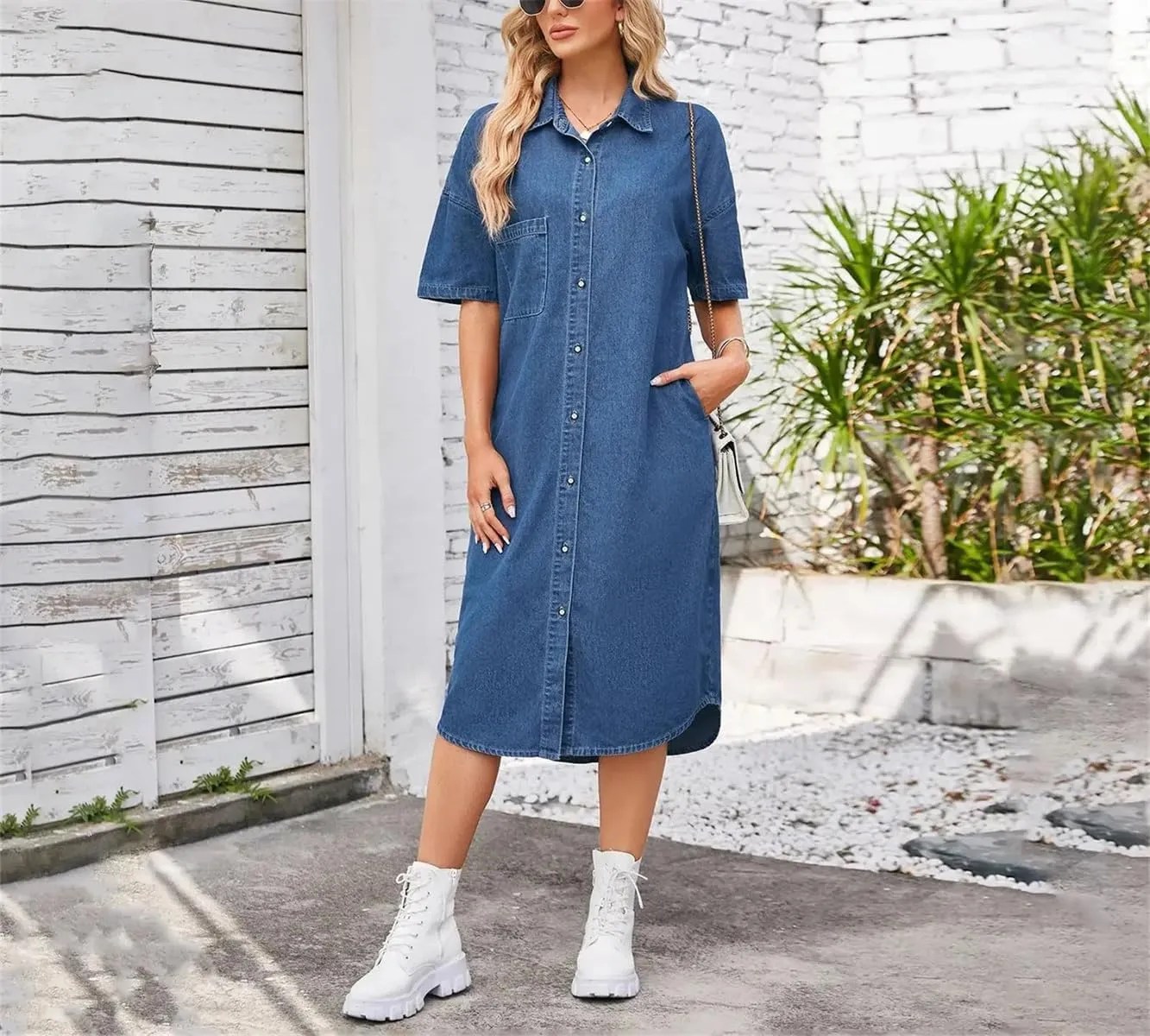Women Fashion Single Breasted Belt Denim Dress Vintage Turn Down Collar Washed Loose Denim Shirt Dresses