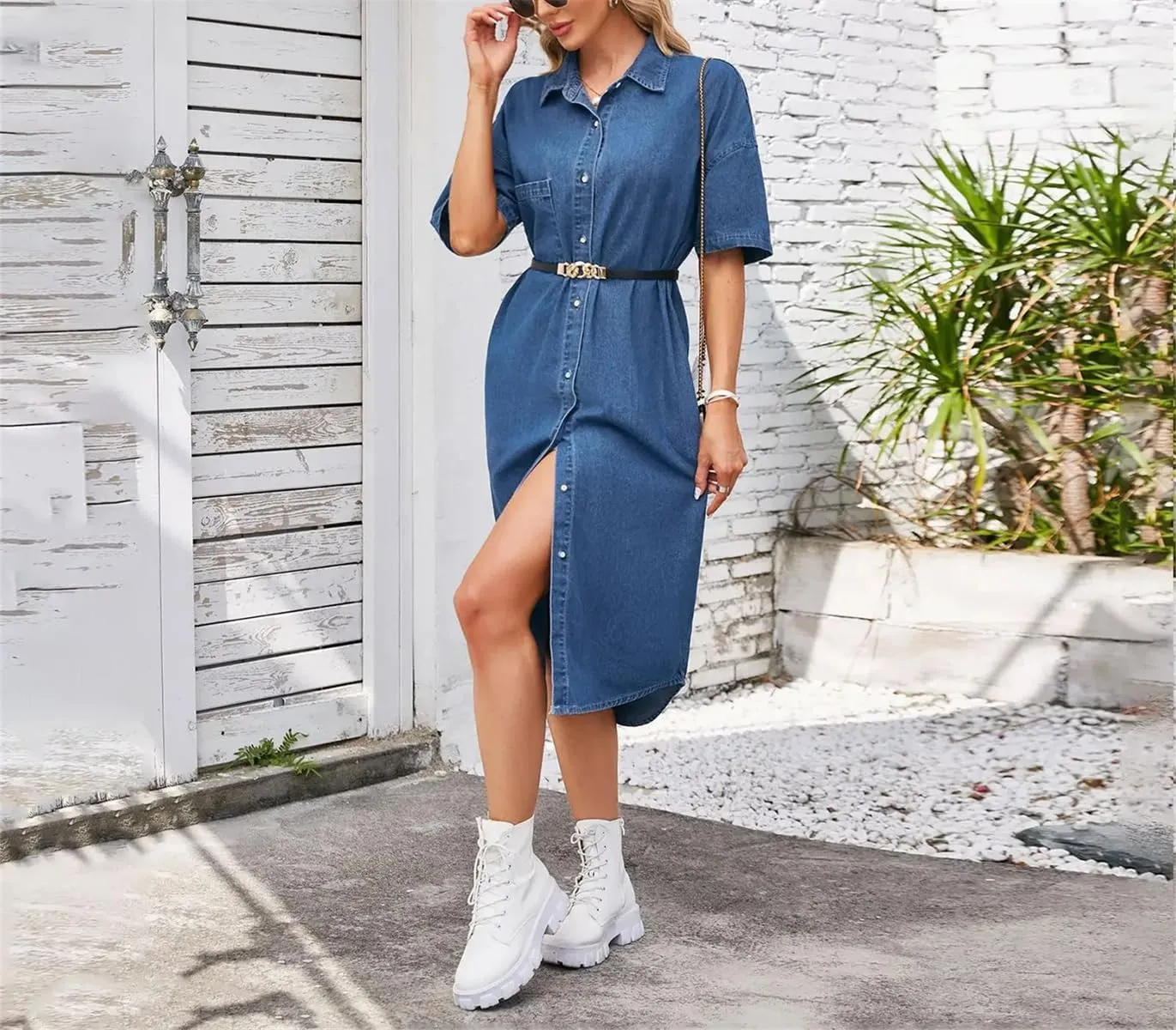 Women Fashion Single Breasted Belt Denim Dress Vintage Turn Down Collar Washed Loose Denim Shirt Dresses