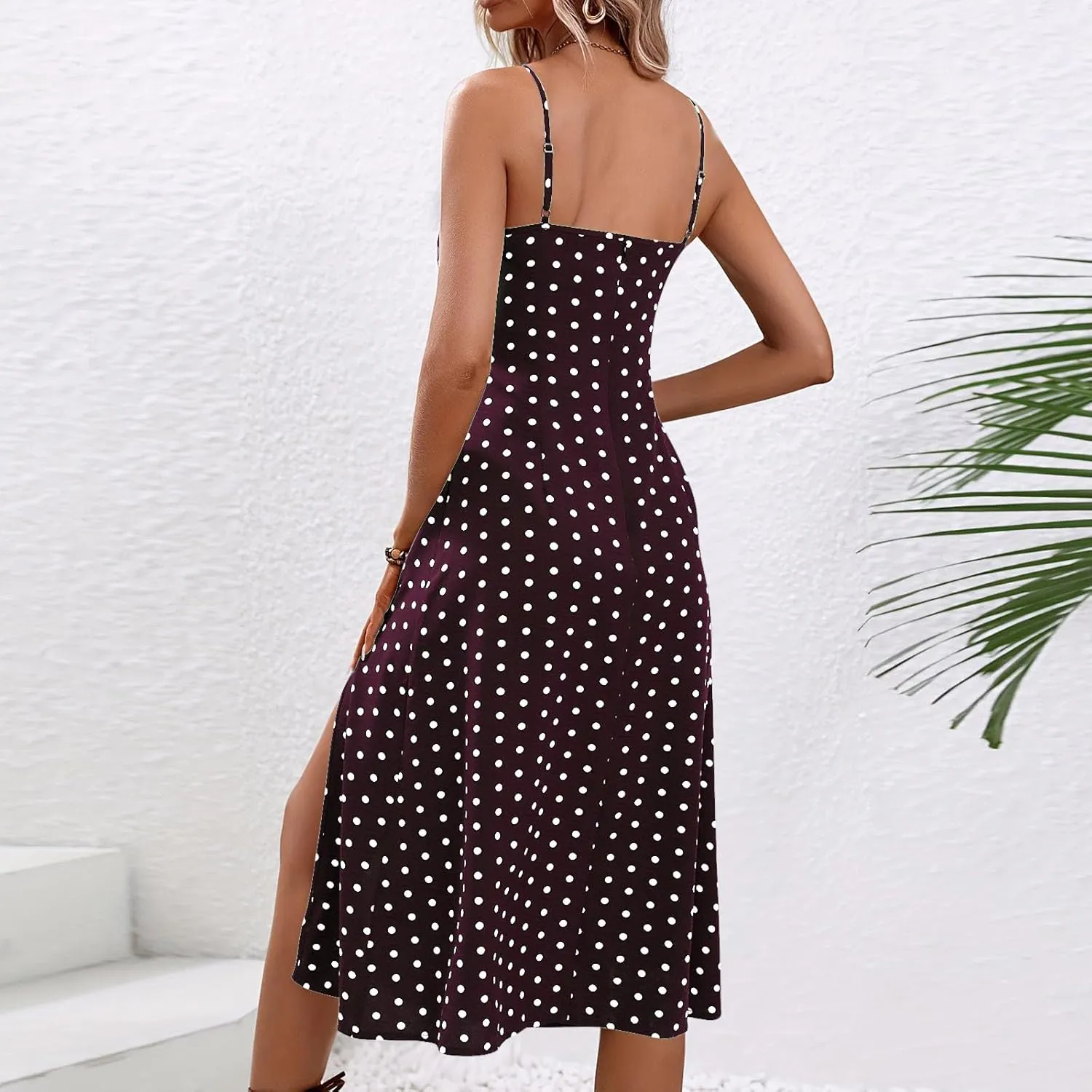 Women Summer Ditsy Floral Print Sexy Sundresses Spaghetti Strap Polka Dot Boho Dress Flowy Side Split Midi Dresses