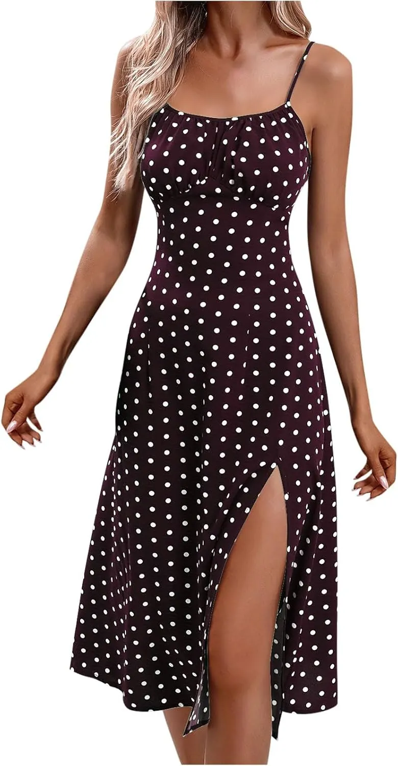 Women Summer Ditsy Floral Print Sexy Sundresses Spaghetti Strap Polka Dot Boho Dress Flowy Side Split Midi Dresses