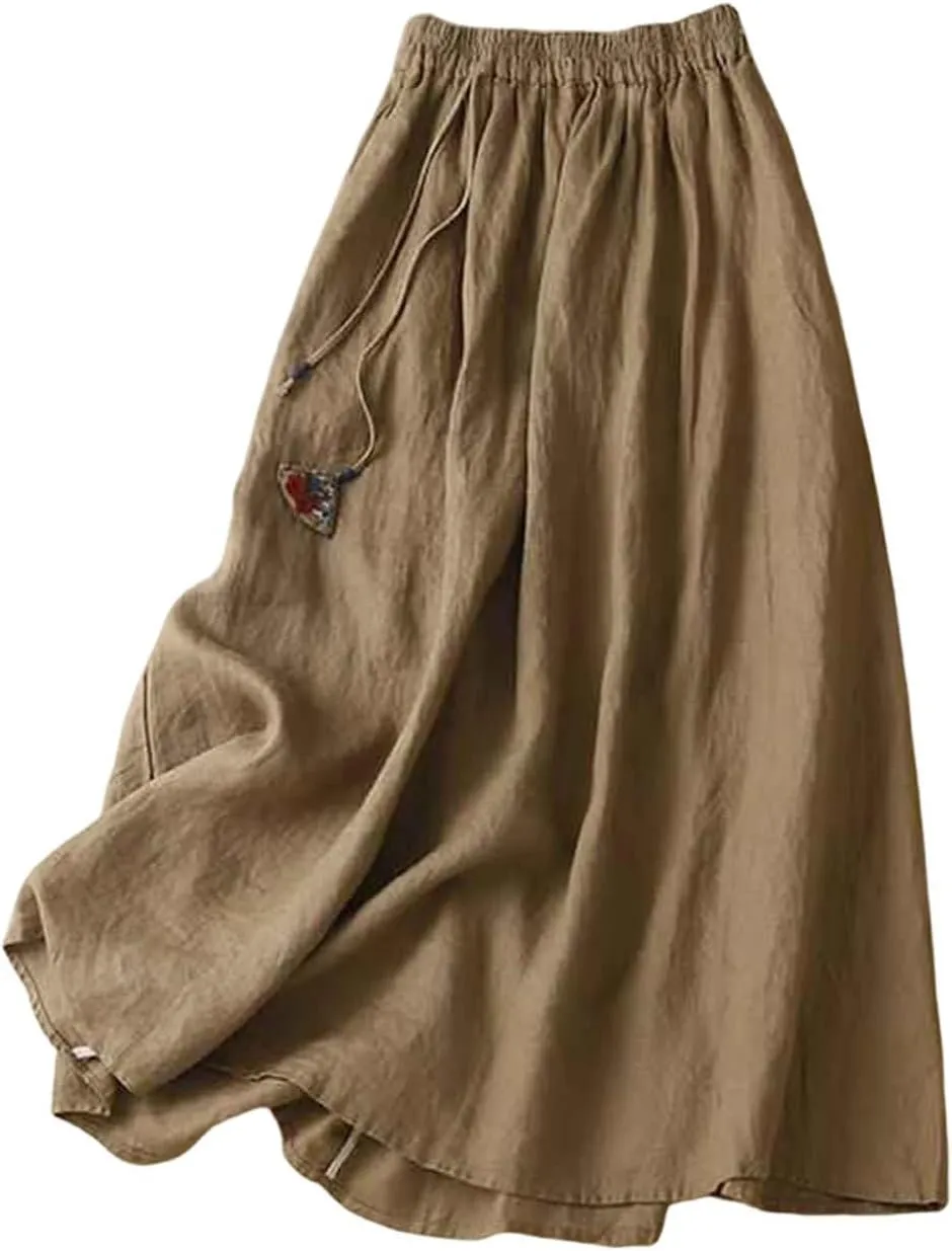 Women's Cotton Gauze Long Skirts Drawstring Waist A Line Beach Flowy Midi Skirt Vintage Vacation Linen Beach Skirts