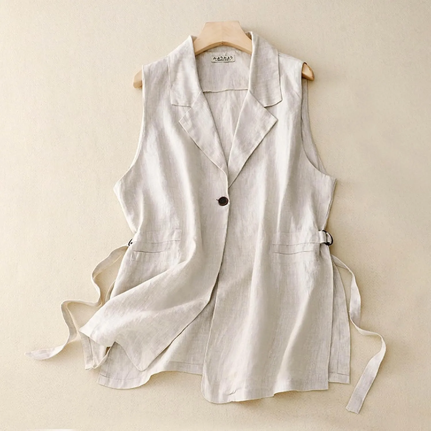 Women's Cotton Linen Sleeveless Vest Casual Notched Collar Button Down Blazer Waistcoat Jackets Loose Vests Outerwear