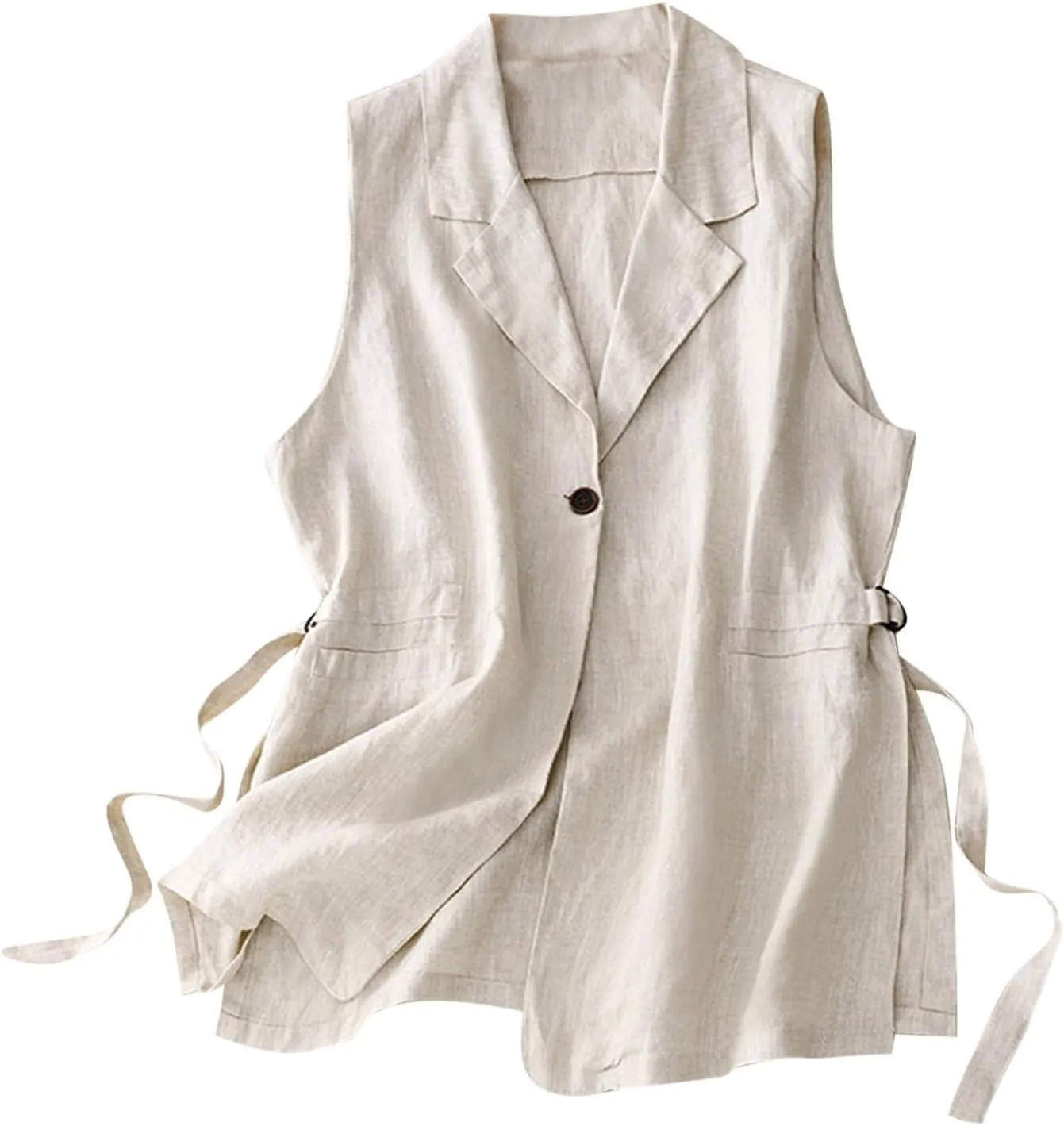Women's Cotton Linen Sleeveless Vest Casual Notched Collar Button Down Blazer Waistcoat Jackets Loose Vests Outerwear