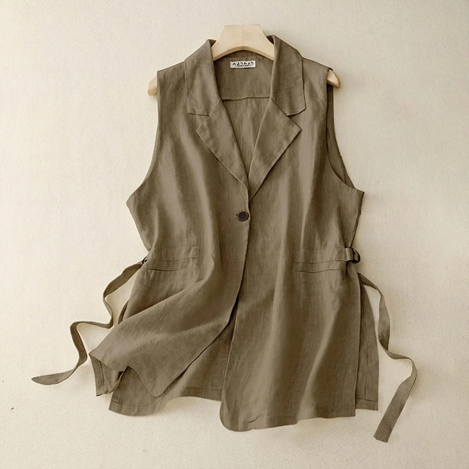 Women's Cotton Linen Sleeveless Vest Casual Notched Collar Button Down Blazer Waistcoat Jackets Loose Vests Outerwear