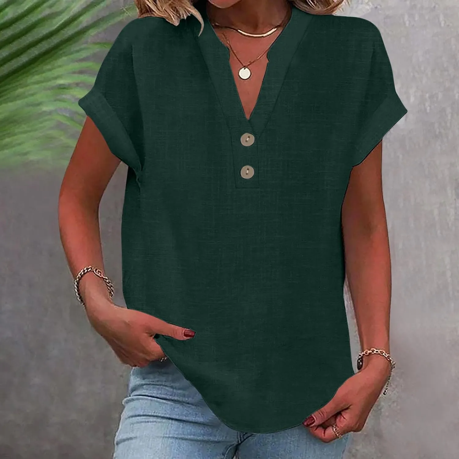 Womens Cotton Linen Tops Button V-Neck Tunic Shirts 2025 Summer Fashion Outfit Dressy Casual Short Sleeve Blouses