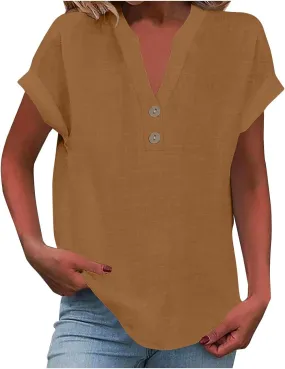 Womens Cotton Linen Tops Button V-Neck Tunic Shirts 2025 Summer Fashion Outfit Dressy Casual Short Sleeve Blouses