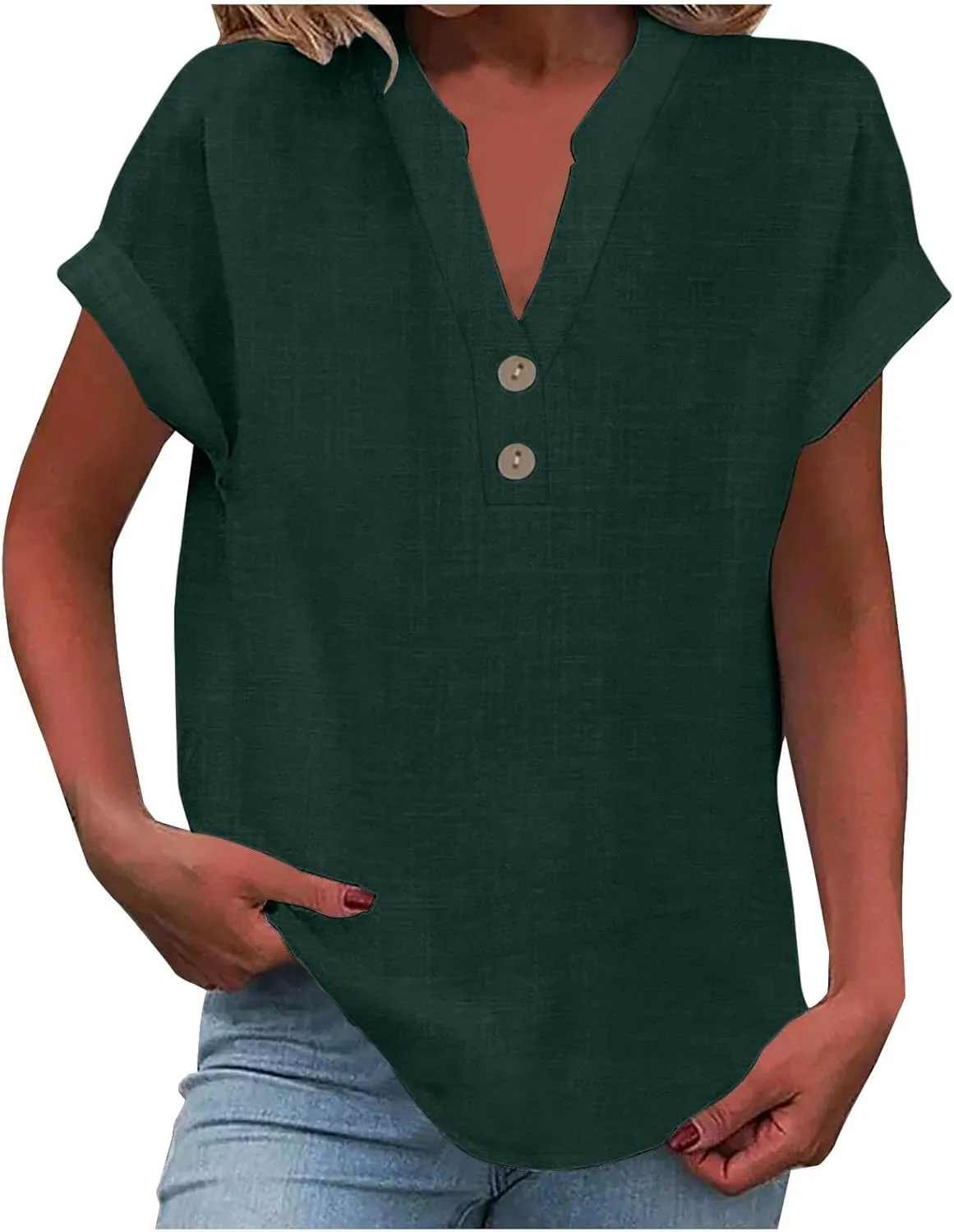 Womens Cotton Linen Tops Button V-Neck Tunic Shirts 2025 Summer Fashion Outfit Dressy Casual Short Sleeve Blouses