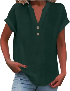 Womens Cotton Linen Tops Button V-Neck Tunic Shirts 2025 Summer Fashion Outfit Dressy Casual Short Sleeve Blouses