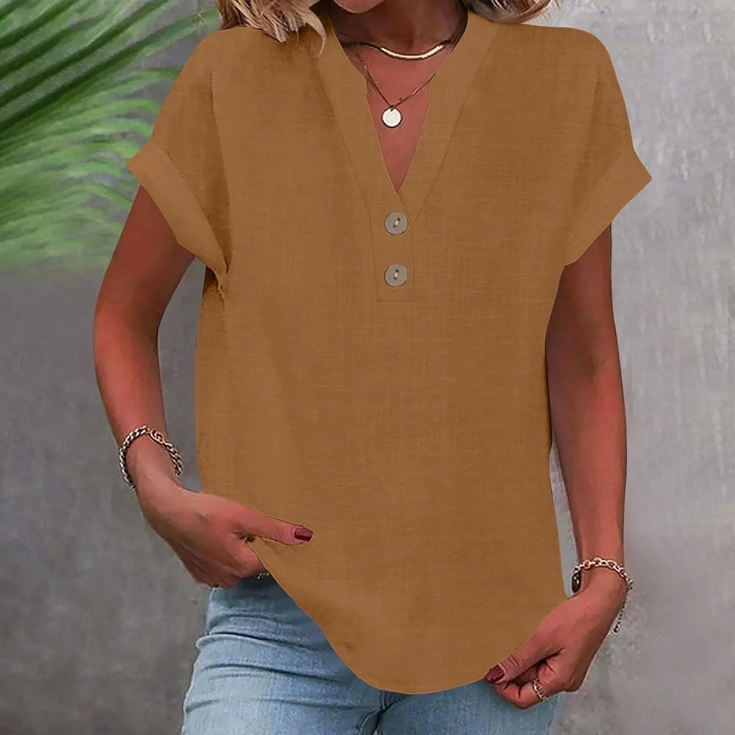 Womens Cotton Linen Tops Button V-Neck Tunic Shirts 2025 Summer Fashion Outfit Dressy Casual Short Sleeve Blouses