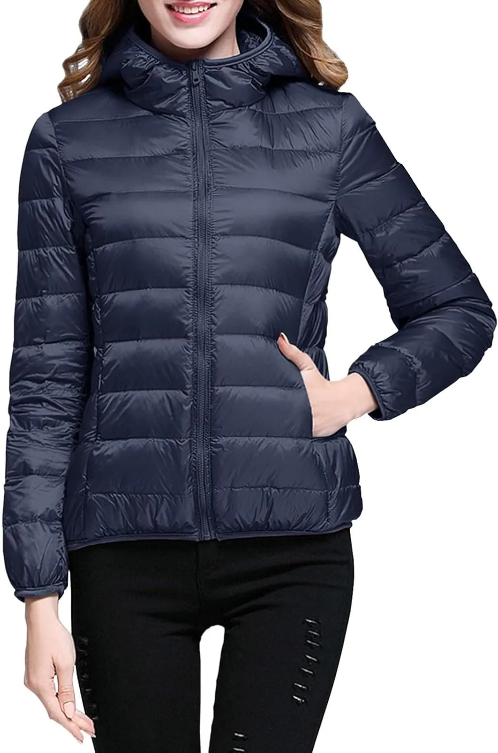 Womens Hooded Jacket Short Down Coat Hooded Packable Puffer Jacket Lightweight Warm Puffy Quilted Coat