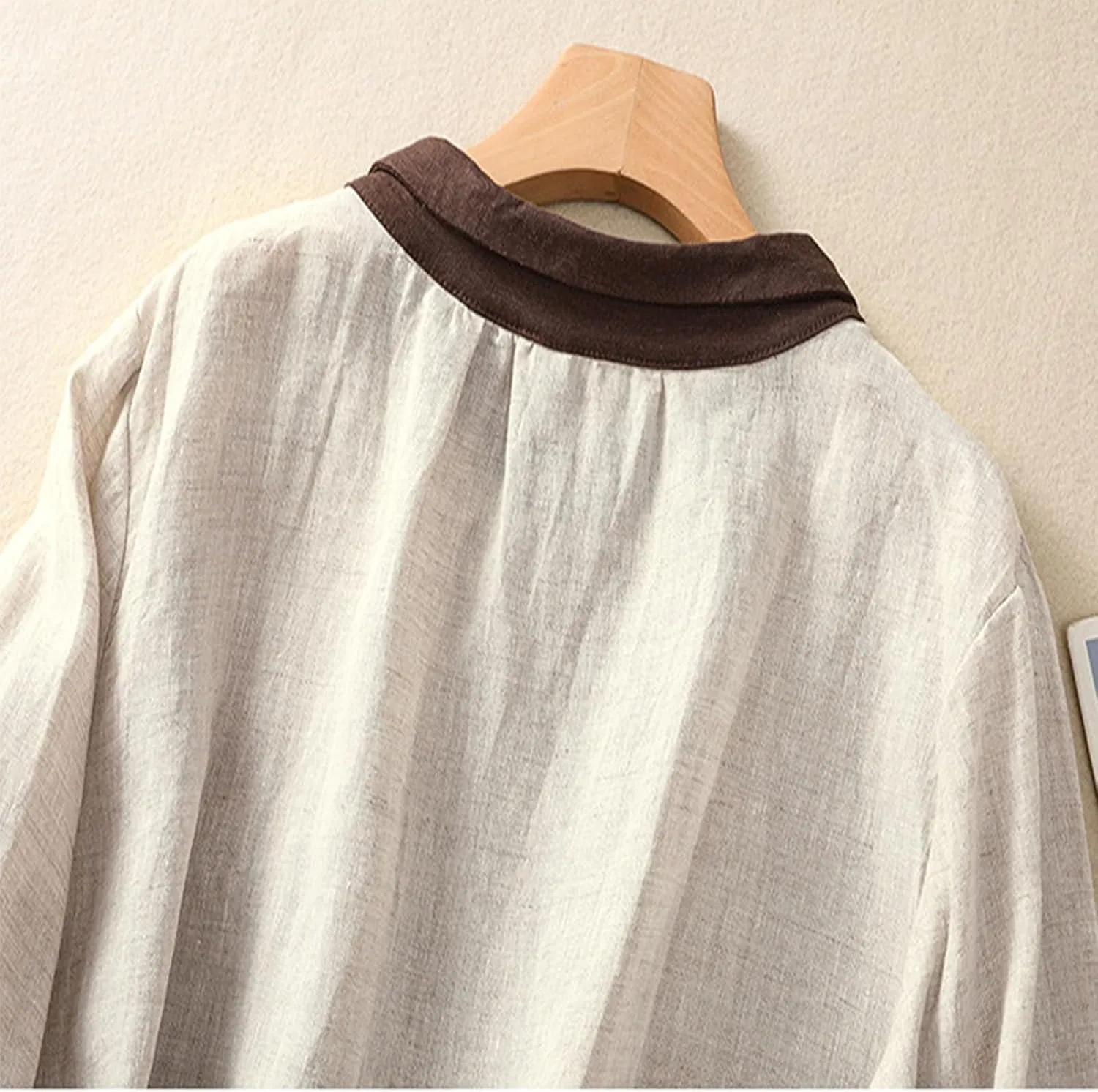 Women's Linen Shirt Button Down Long Sleeve Crew Neck Spring Blouses Long Sleeve Beach Summer Casual Tees with Pocket
