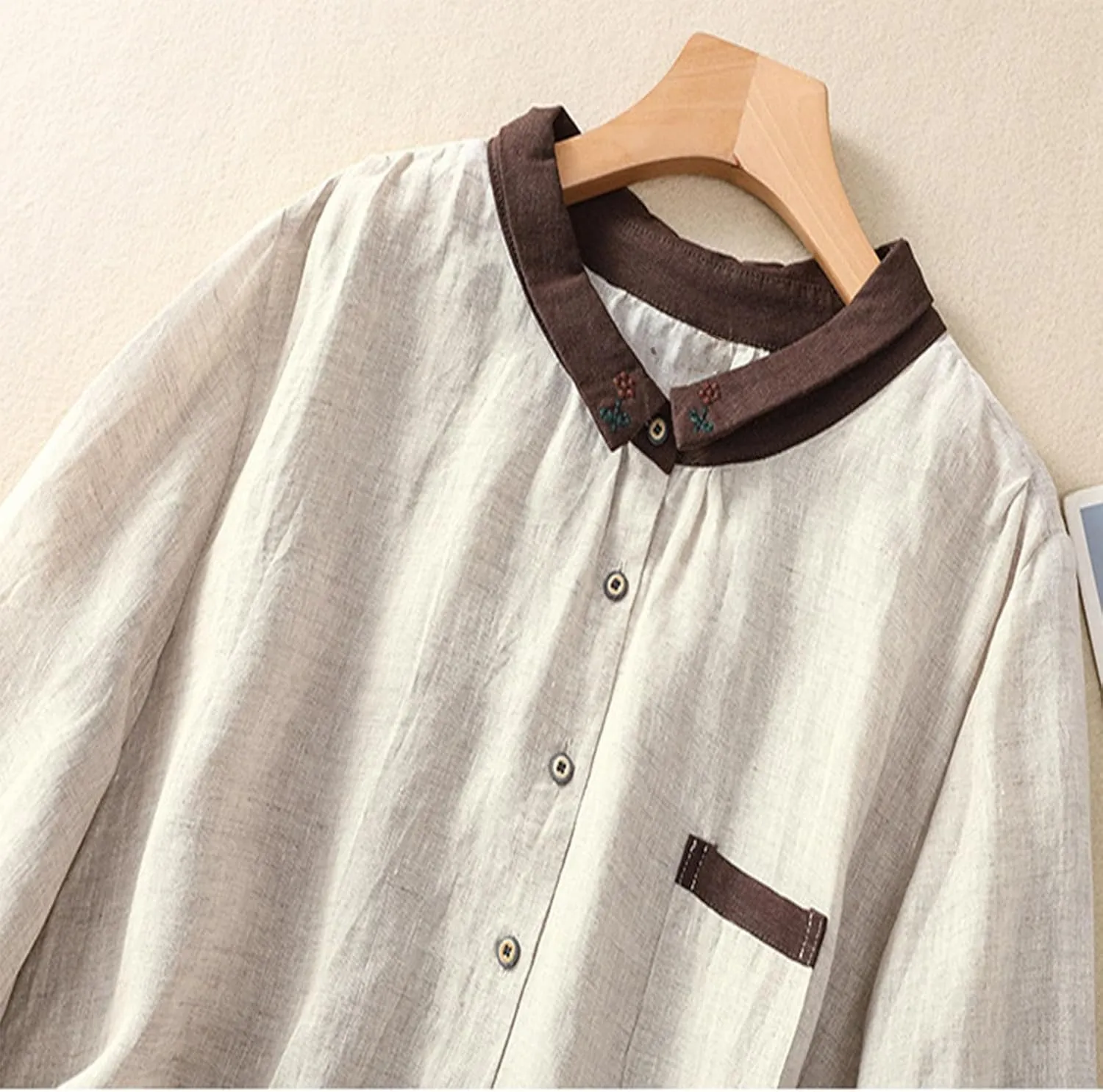 Women's Linen Shirt Button Down Long Sleeve Crew Neck Spring Blouses Long Sleeve Beach Summer Casual Tees with Pocket