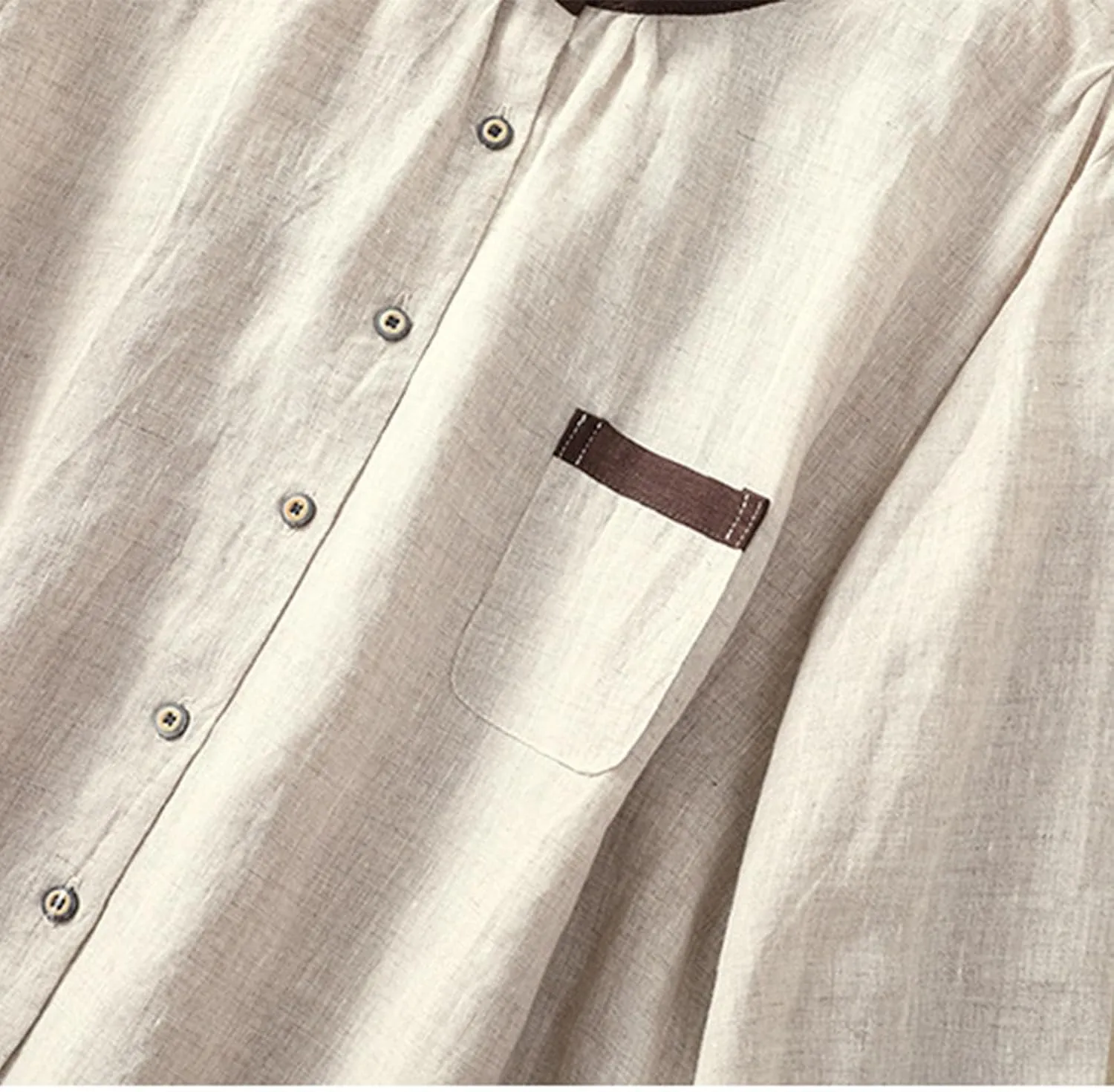 Women's Linen Shirt Button Down Long Sleeve Crew Neck Spring Blouses Long Sleeve Beach Summer Casual Tees with Pocket