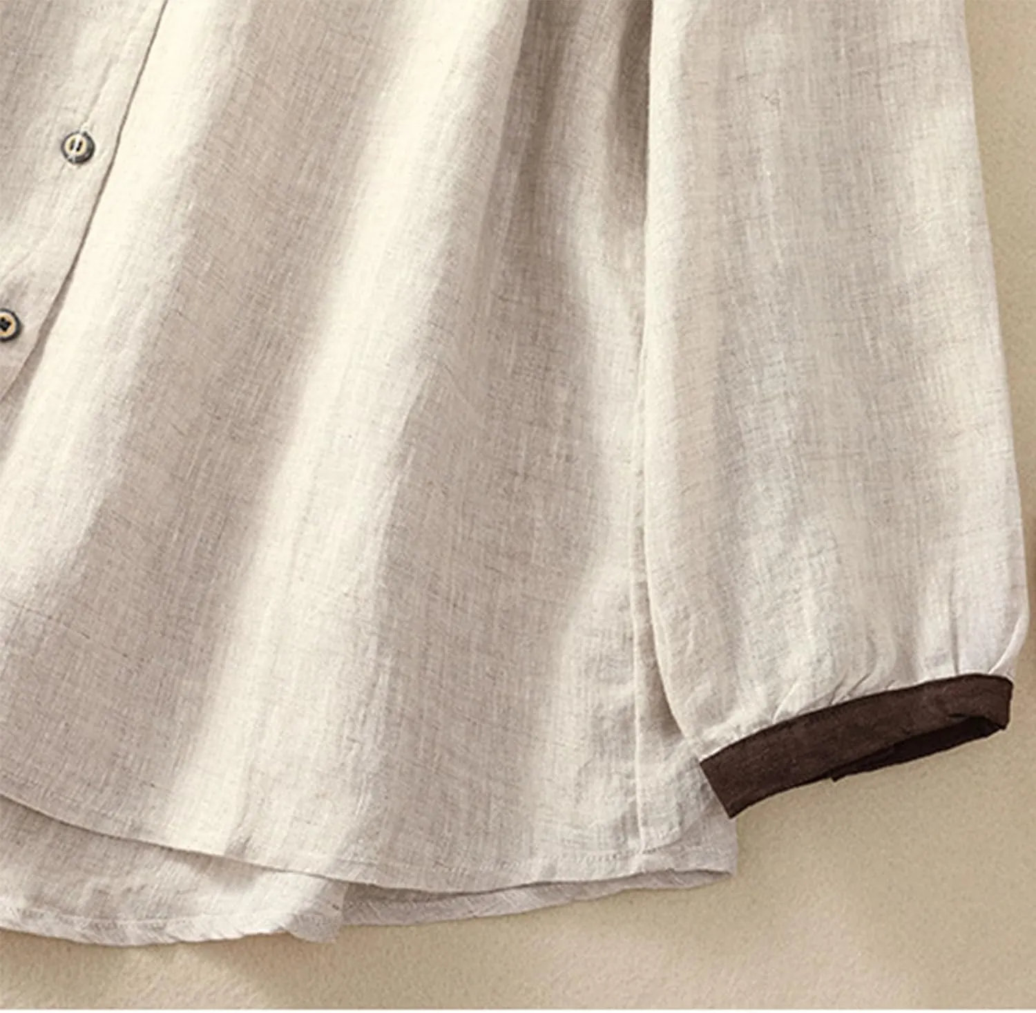 Women's Linen Shirt Button Down Long Sleeve Crew Neck Spring Blouses Long Sleeve Beach Summer Casual Tees with Pocket