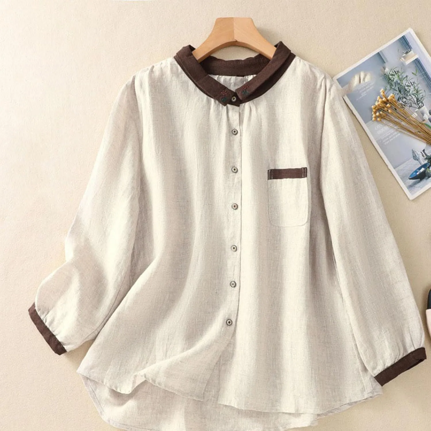 Women's Linen Shirt Button Down Long Sleeve Crew Neck Spring Blouses Long Sleeve Beach Summer Casual Tees with Pocket