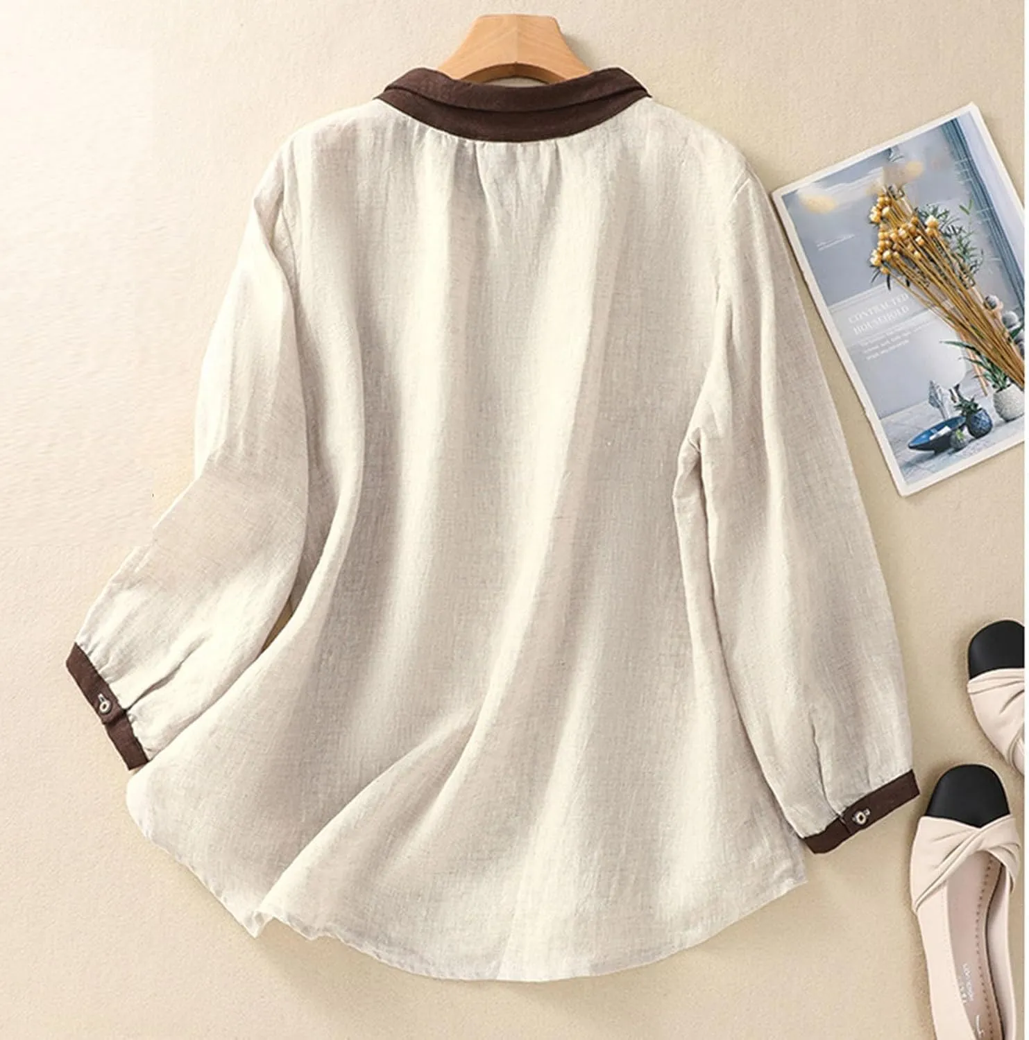 Women's Linen Shirt Button Down Long Sleeve Crew Neck Spring Blouses Long Sleeve Beach Summer Casual Tees with Pocket