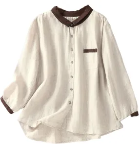 Women's Linen Shirt Button Down Long Sleeve Crew Neck Spring Blouses Long Sleeve Beach Summer Casual Tees with Pocket
