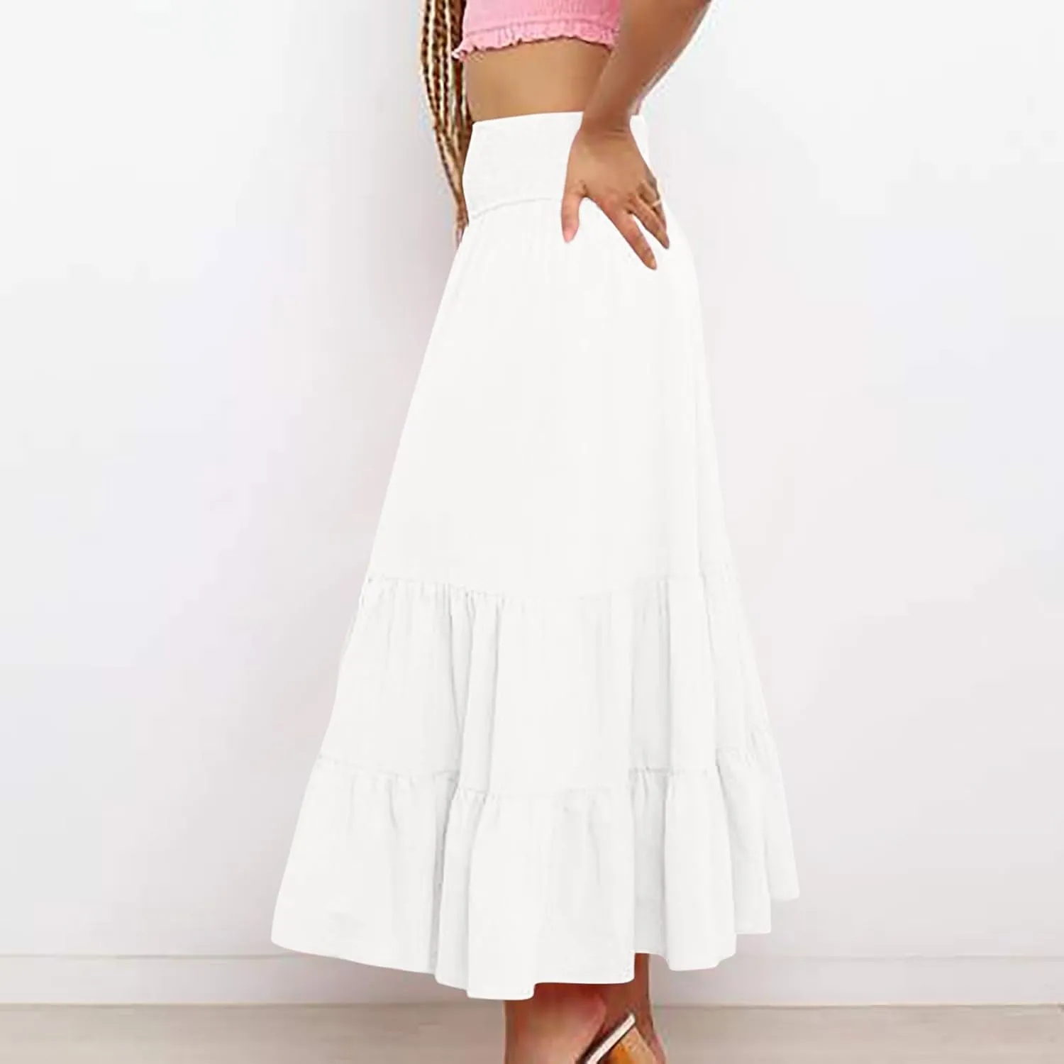 Womens Long Maxi Skirts 2025 Trendy Flowy Swing Tiered A-Line Skirt Summer Elastic High Waist Solid Boho Beach Outfit