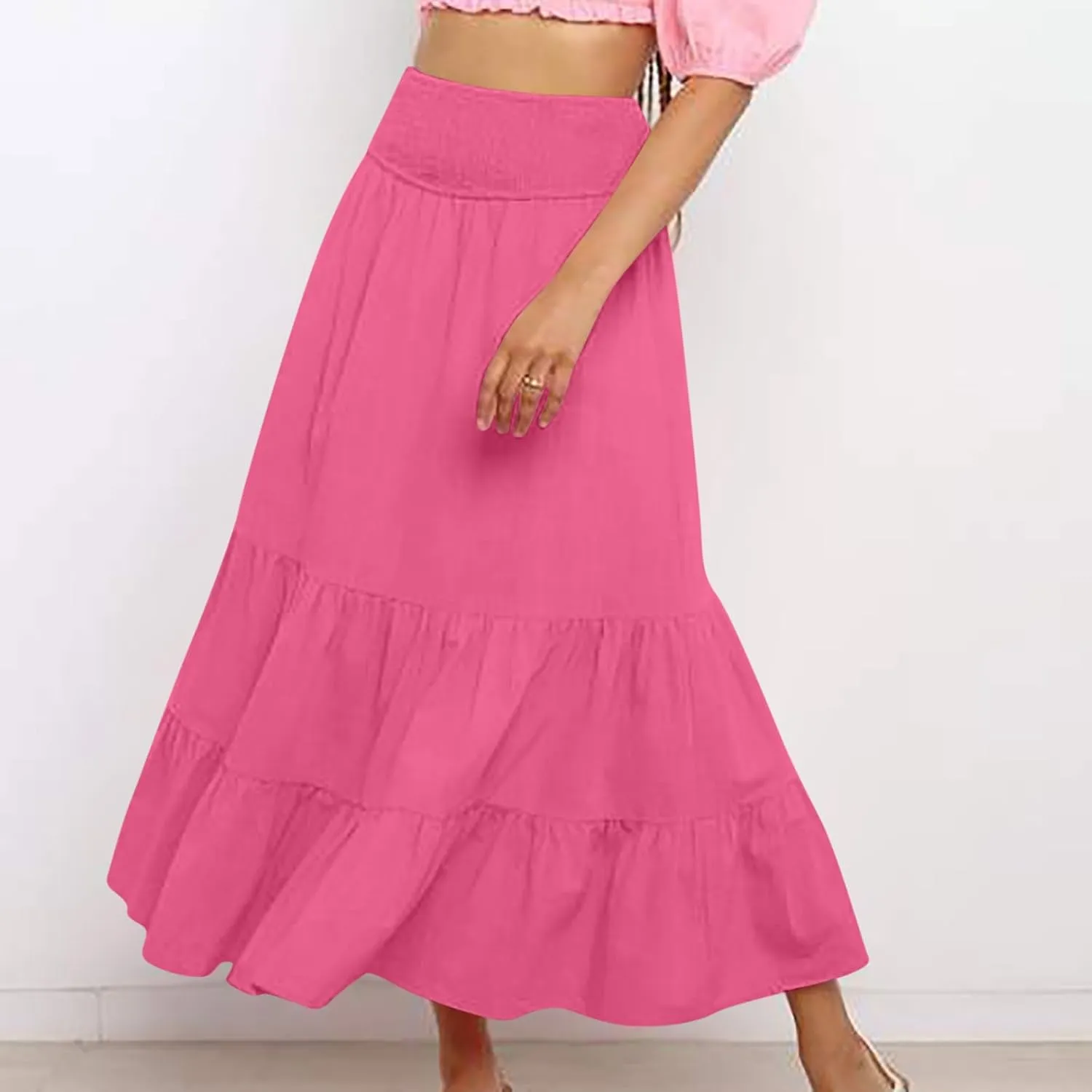 Womens Long Maxi Skirts 2025 Trendy Flowy Swing Tiered A-Line Skirt Summer Elastic High Waist Solid Boho Beach Outfit