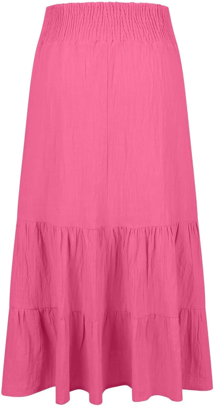 Womens Long Maxi Skirts 2025 Trendy Flowy Swing Tiered A-Line Skirt Summer Elastic High Waist Solid Boho Beach Outfit